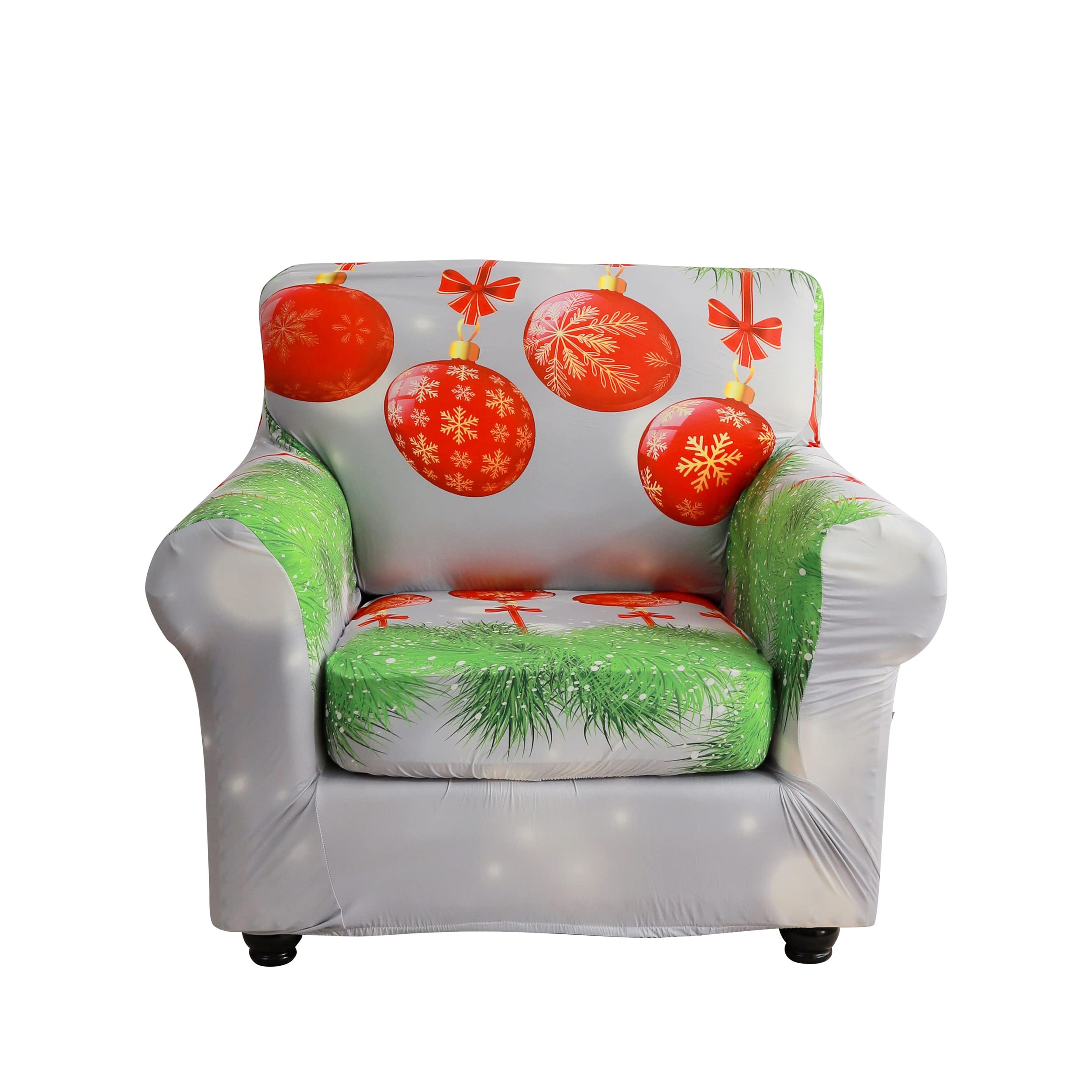 Stretchable Christmas Print Sofa Slipcover - Washable Removable 3-Cushion Couch Cover for Living Room (Grey-Red, Small) | Holiday Home Decor & Furniture Protection