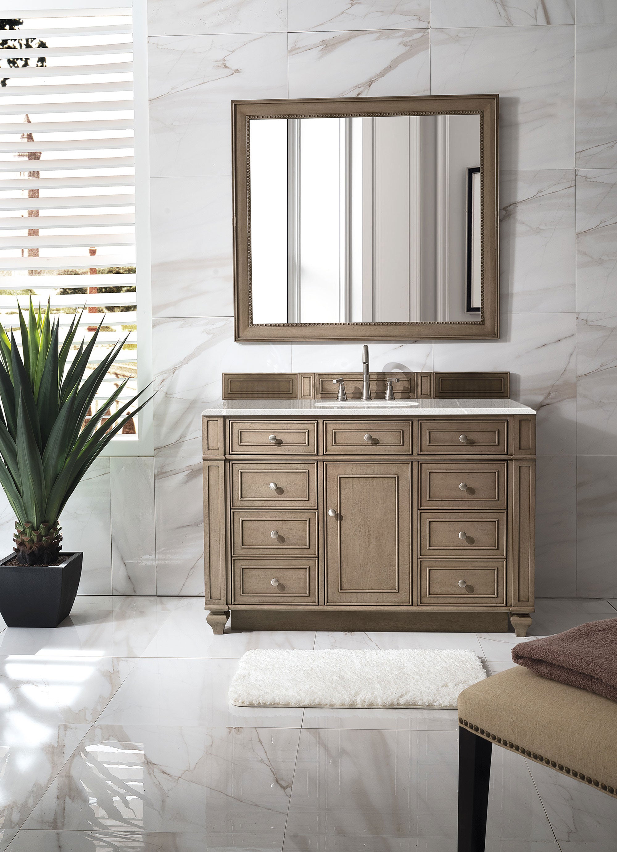 Bristol 48 Inch Single Bathroom Vanity Set with Whitewashed Walnut Finish & 3CM Eternal Serena Quartz Countertop - Perfect for Modern Home, Apartment, and Guest Bathroom Remodeling