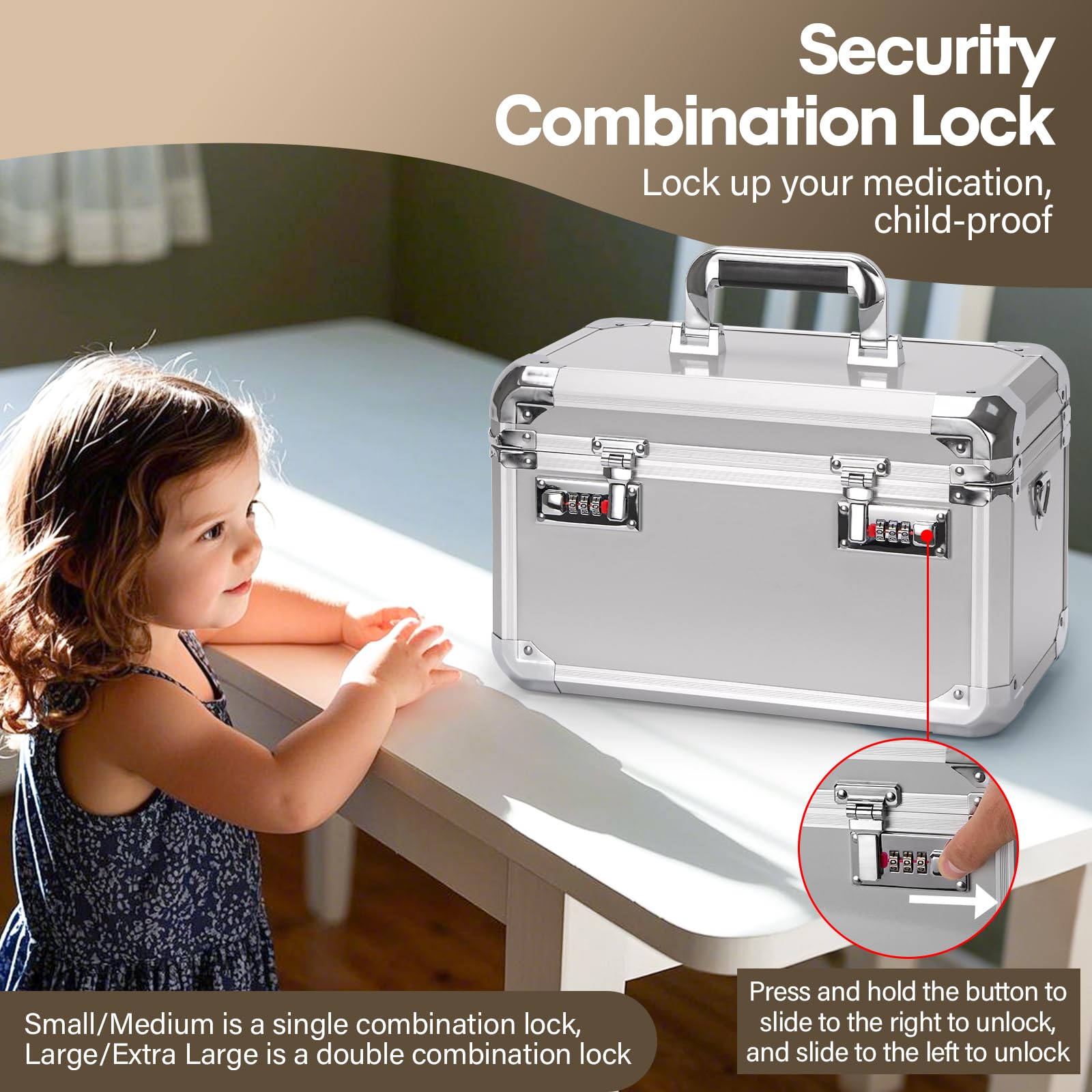 Secure Combination Lock Box - 17.2x10.6x10.4 Inch Lockable Storage Container for Medicine, Valuables & Electronics | Childproof Safe for Home, Office, School & Travel | Silver Metal Organizer with Code Lock | Perfect for Storing Medications, Cash, Jewelry & Phones