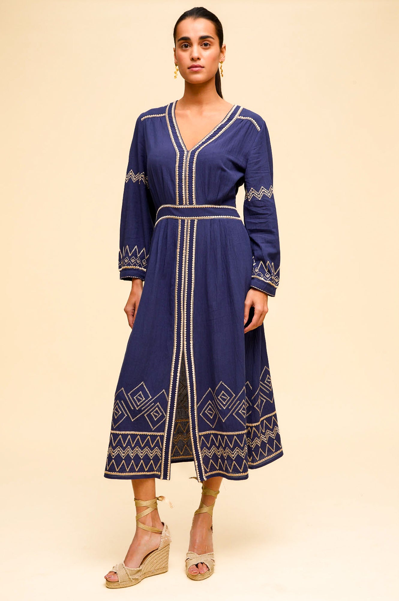 Jamila Embroidered Dress for Women - Navy Blue & Gold Floral Maxi Dress | Elegant Boho Chic Dress for Weddings, Parties & Special Occasions