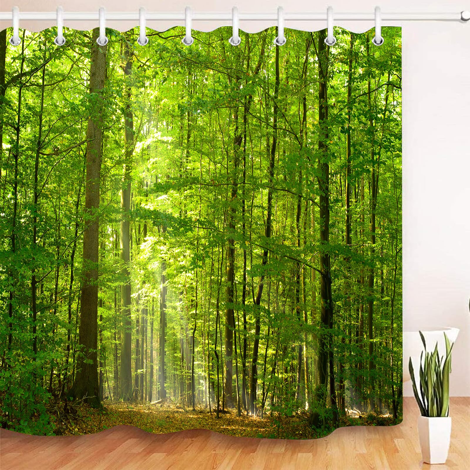 SRJ2018 Woodland Decor Shower Curtain Set - Deciduous Forest Summer Foliage with Sunlight | Romantic Holiday Scenic Bathroom Accessories 180x180cm (71x71 inches) Green & Yellow | Perfect for Nature-Themed Bathrooms, Cabin Retreats & Boho Home Decor