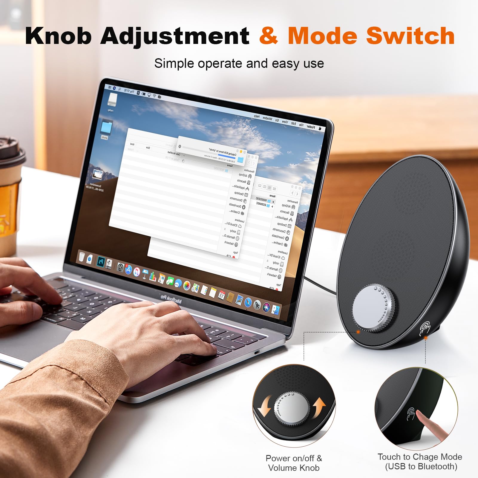 Portable Bluetooth Computer Speakers for Desktop PC & Laptop - USB Plug-N-Play External Speakers with Easy-Access Volume Knob & Clear Sound for Windows/macOS/ChromeOS/Linux - Ideal for Home Office, Gaming & Multimedia