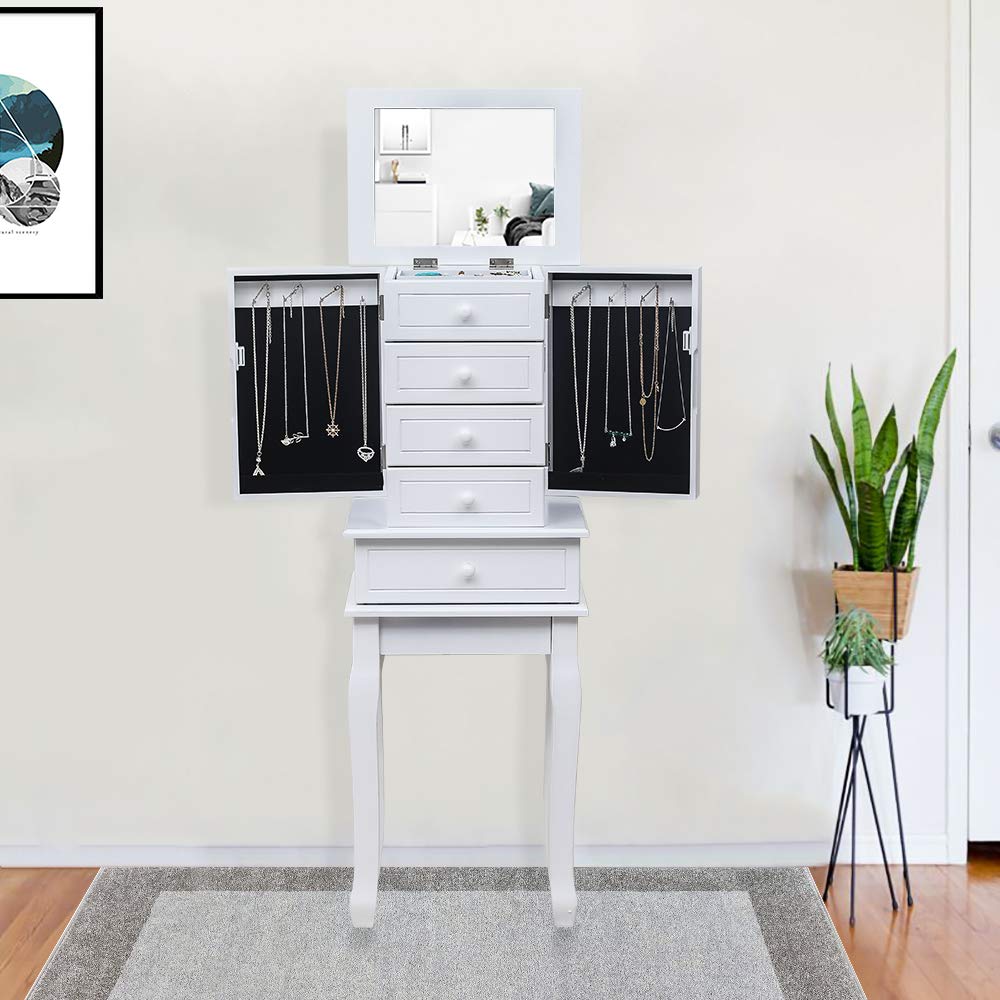 White Jewelry Armoire Cabinet with Mirror - 5 Drawers & 14 Necklace Hooks, Standing Jewelry Storage Chest with Top Organizer & 2 Side Swing Doors - Perfect for Bedroom, Closet or Dressing Room Organization