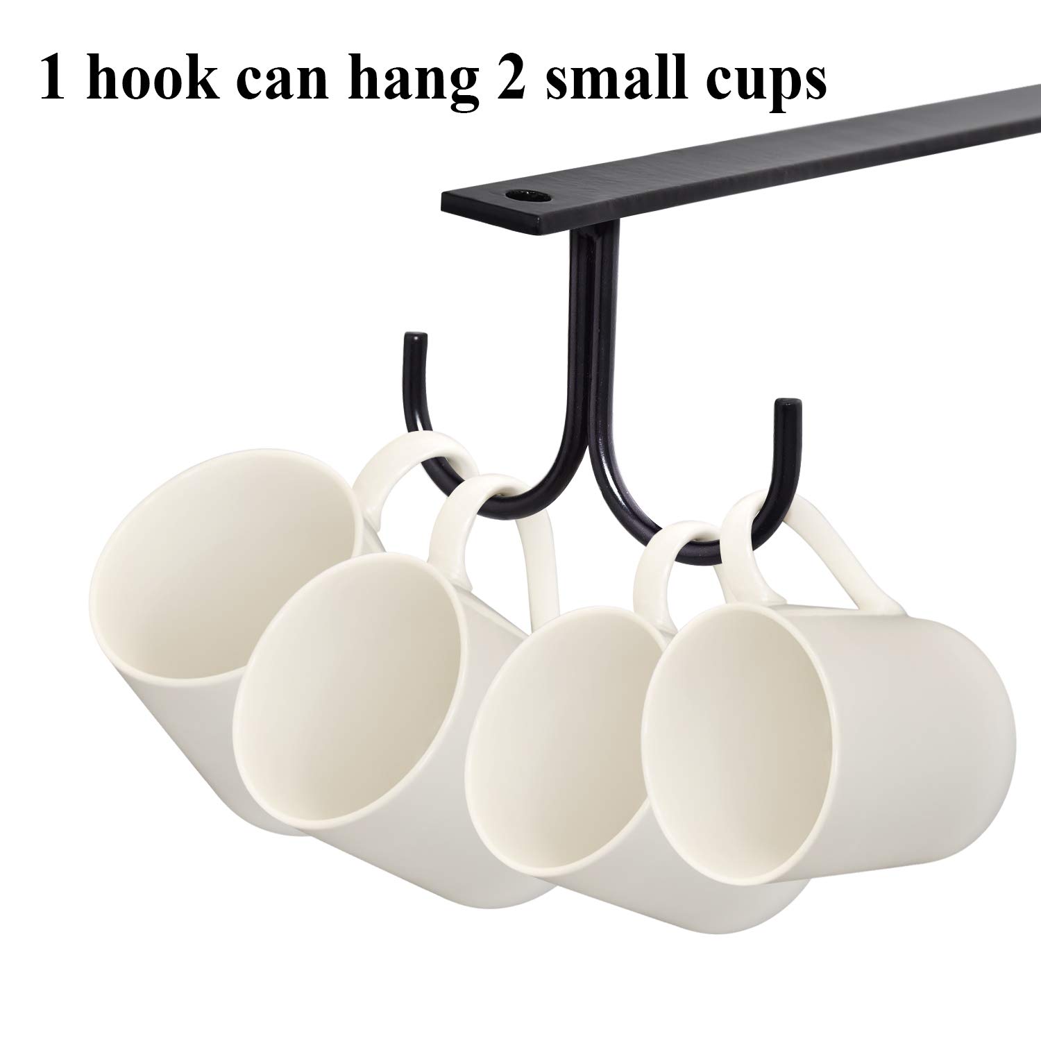 Rustic Under Cabinet Mug Rack - 2 Pack Black Cup Holder with 8 Hooks for Mugs, Coffee Cups & Kitchen Utensils - Space Saving Shelf Organizer for Kitchen, Office or Coffee Shop Display
