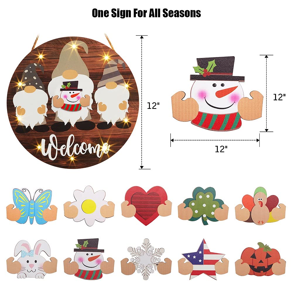 12 Inch Rustic Wooden Welcome Sign with 10 LED Lights - Interchangeable Seasonal Gnome Decor for Front Door, Modern Farmhouse Wall Art - Perfect for Holidays, Halloween, Thanksgiving & Christmas Home Decor