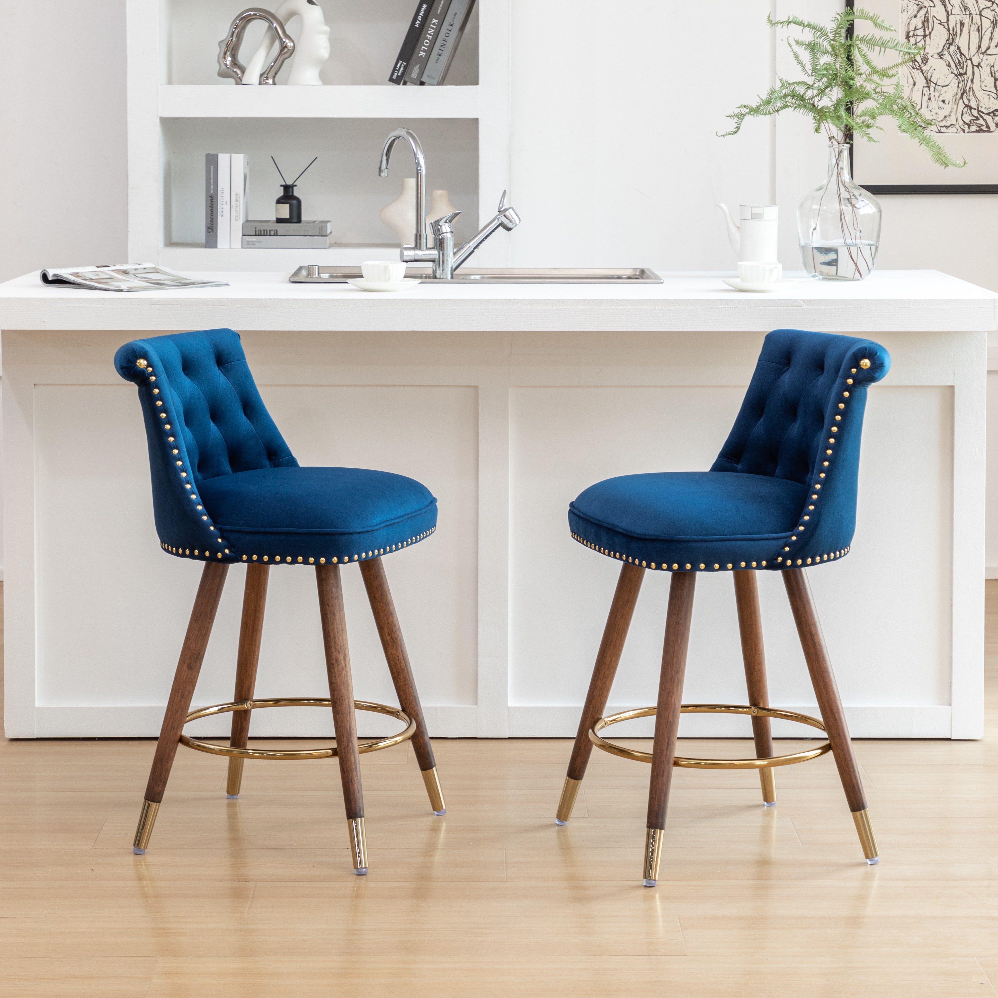 Roundhill Furniture Elvara Set of 2 Button Tufted Counter Stools with Nailhead Trim - Modern Kitchen Bar Stools for Breakfast Nook, Kitchen Island & Home Decor