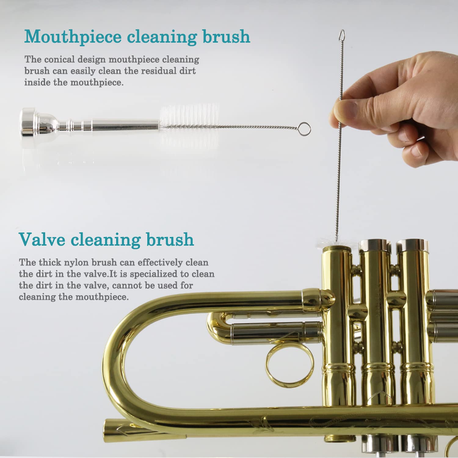 Trumpet Cleaning Brushes Kit - 3-Piece Set with Flexible Brush, Valve Brush & Mouthpiece Brush for Professional Trumpet Maintenance & Care - Perfect for Musicians, Students & Band Performances