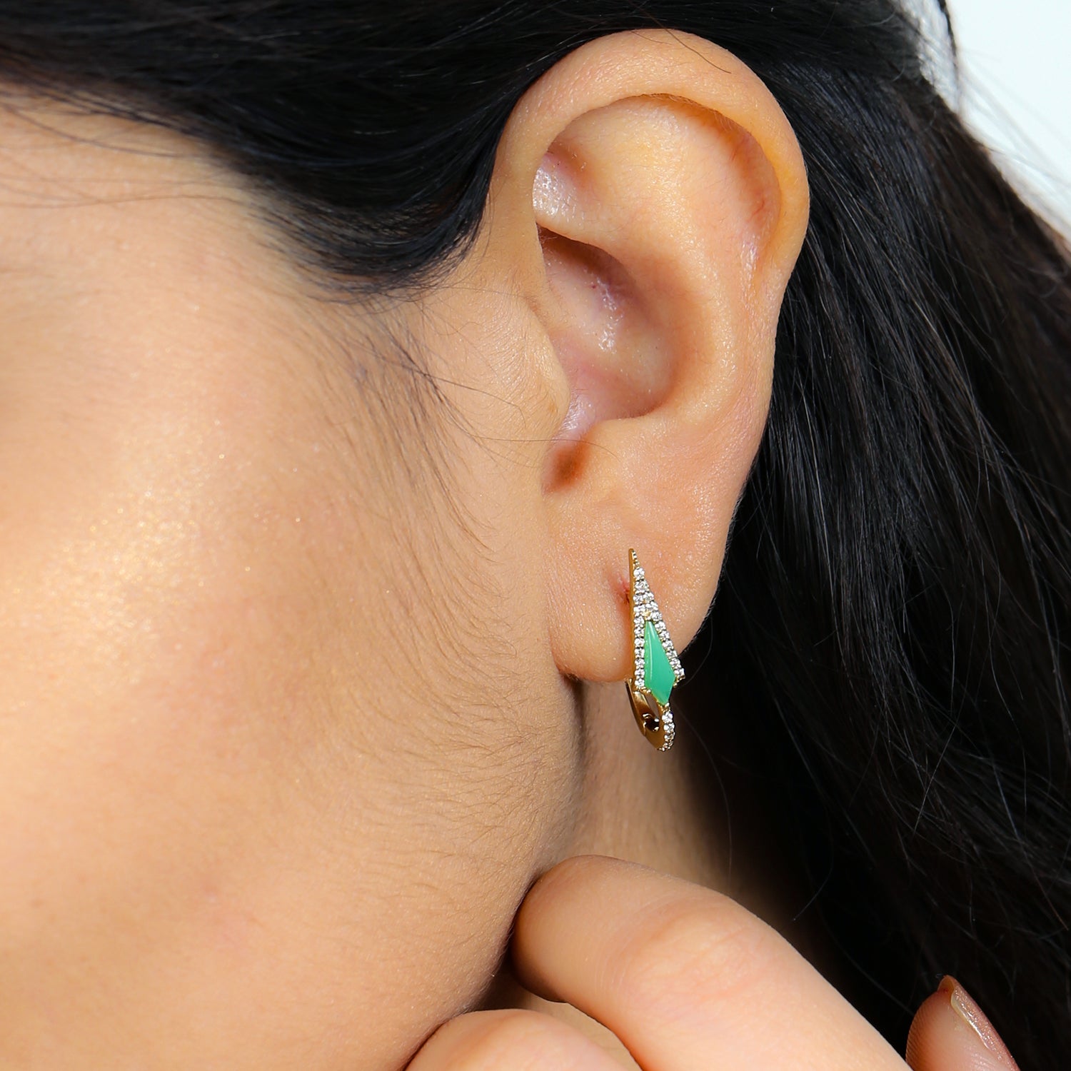 14K Yellow Gold Chrysoprase Gemstone Pave Diamond Hoop Earrings with Latch Back - Elegant Jewelry for Women, Perfect for Parties, Weddings & Gifts
