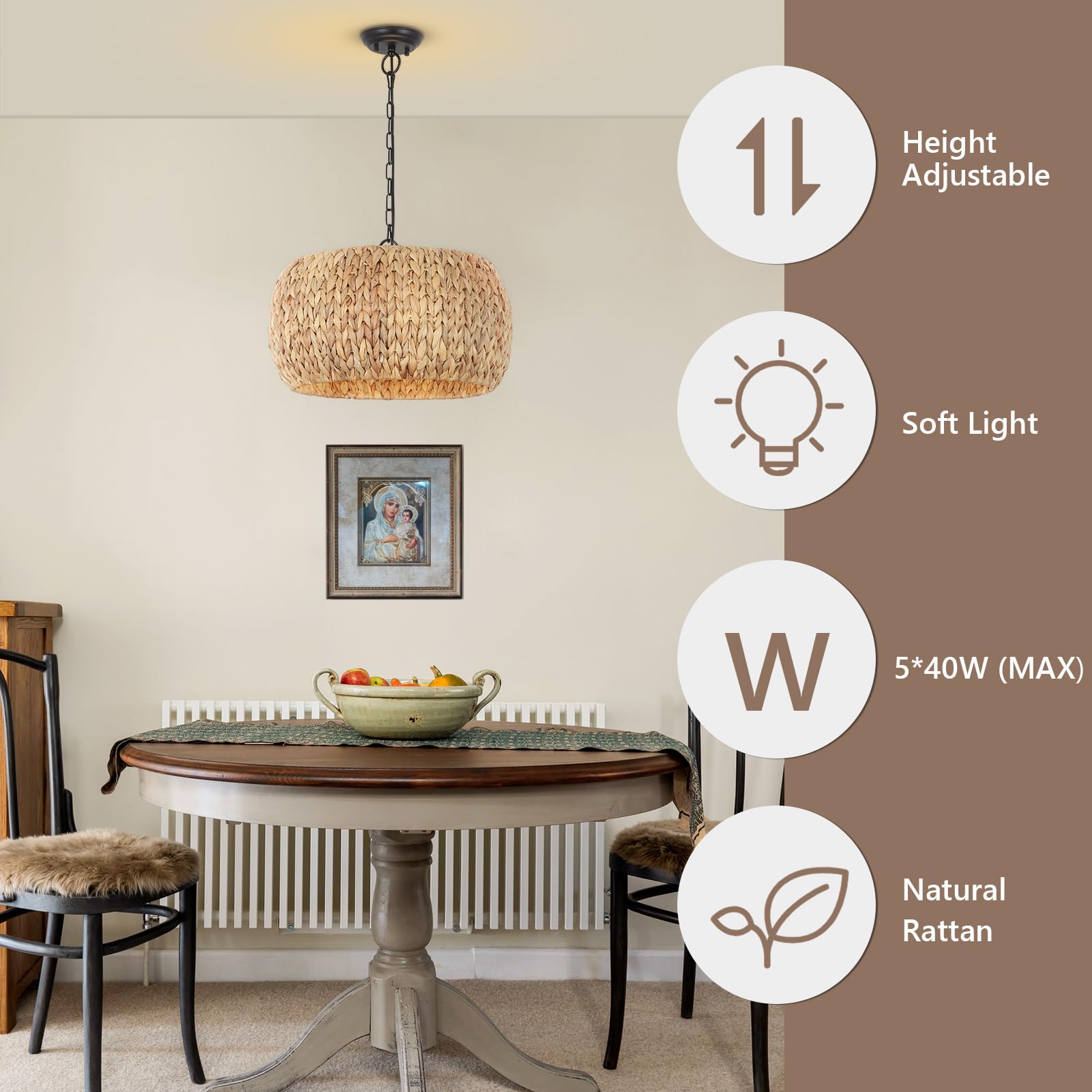 Rustic Farmhouse Boho Chandelier - 5-Light Rattan Pendant Light with Natural Water Hyacinth Lampshade - Perfect for Dining Room, Kitchen Island Lighting, Bedroom & Living Room Decor - Creates Cozy Boho Ambiance for Home & Cafe