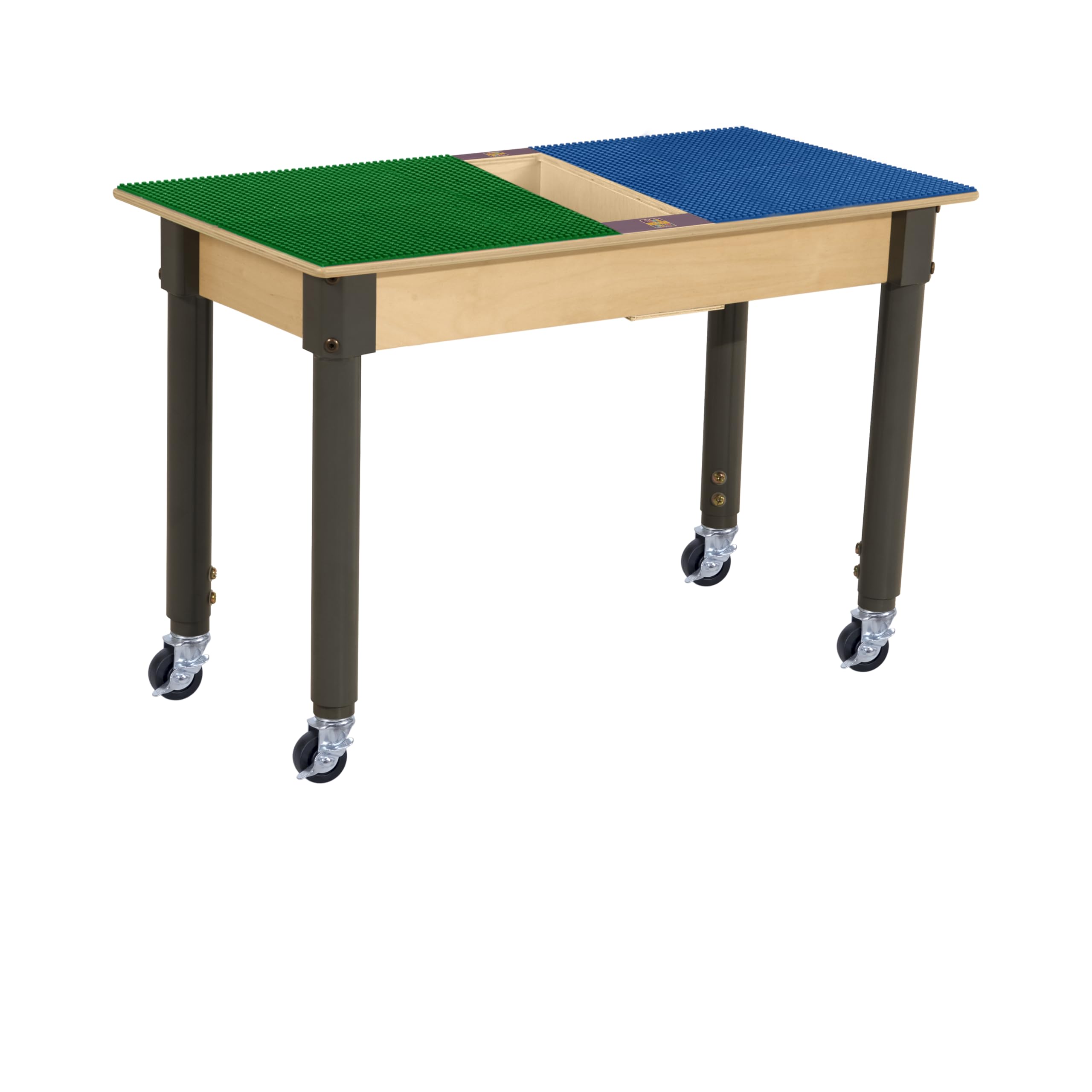 Montessori Play Table for Kids - Adjustable Height 18”-29” | Wooden Lego Compatible Building Blocks Activity Table with Wheels & Storage Trough | Red & Blue Birch Plywood Design | Perfect for Preschool Learning & Home Playroom