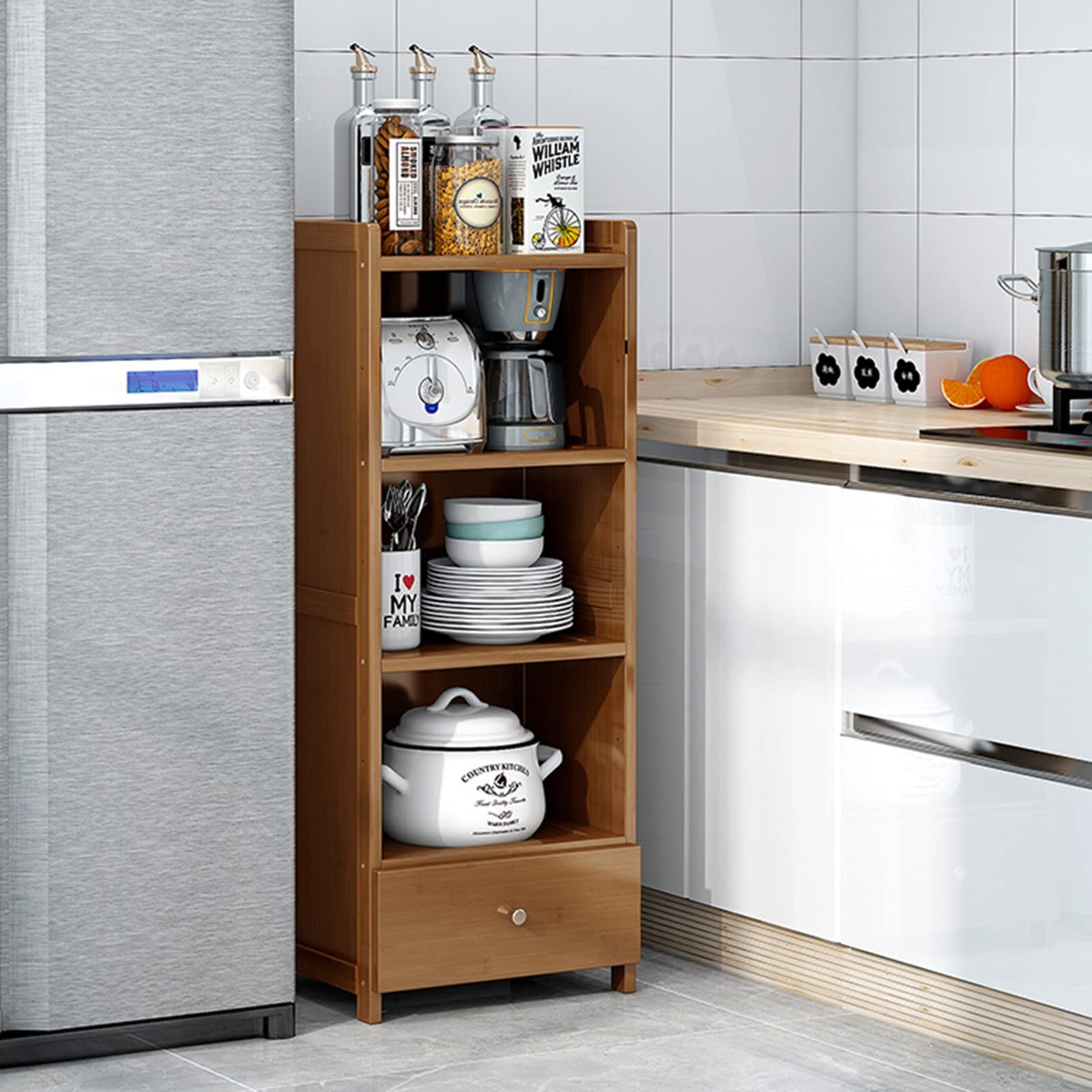 Heavy Duty Kitchen Baker's Rack with Base & Drawers - 4 Tier Bamboo Counter Corner Storage Shelf for Plates, Spice Bottles & Microwave - Space Saving Organizer for Small Kitchens & Pantries