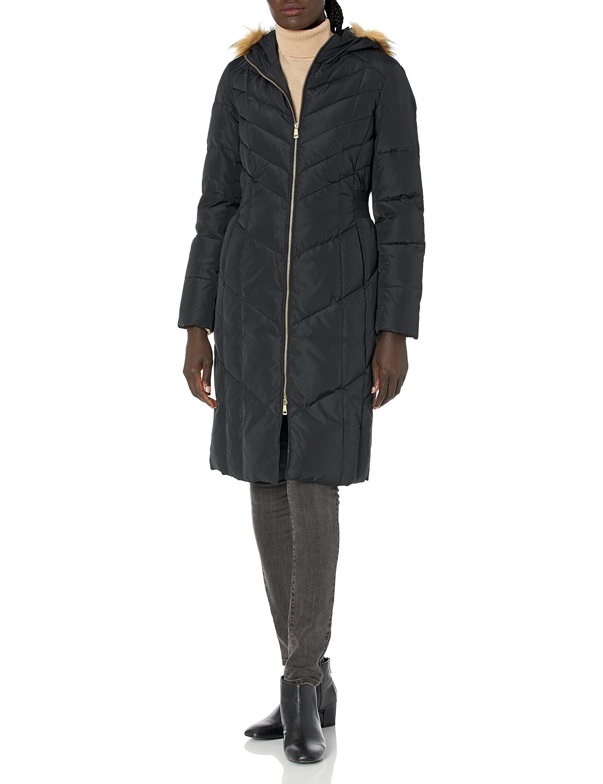 Cole Haan Women's Long Taffeta Down Coat with Chevron Quilt Pattern - Warm Winter Jacket for Casual Outings & City Commutes