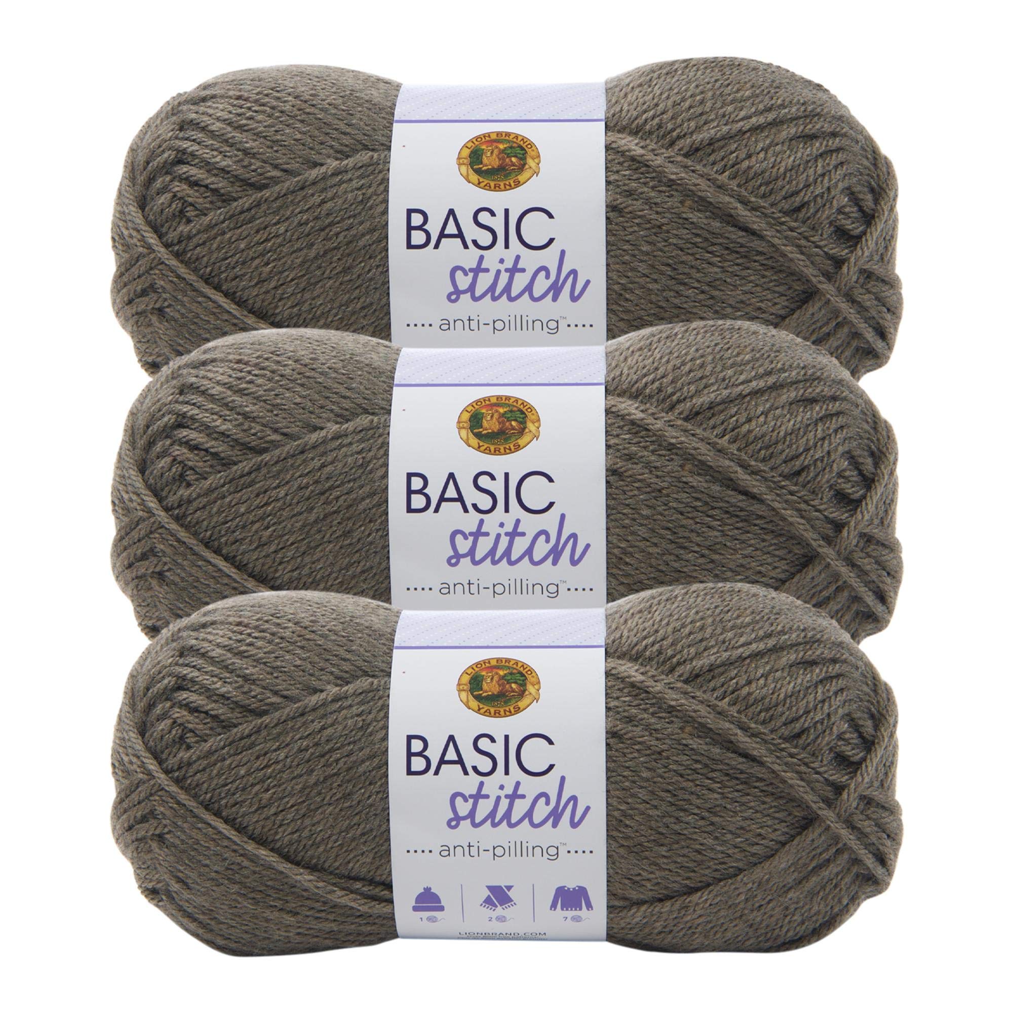 Lion Brand Yarn Basic Stitch Anti-Pilling Knitting & Crochet Yarn - 3 Pack, Soft Taupe Heather - Perfect for Scarves, Blankets & DIY Crafts