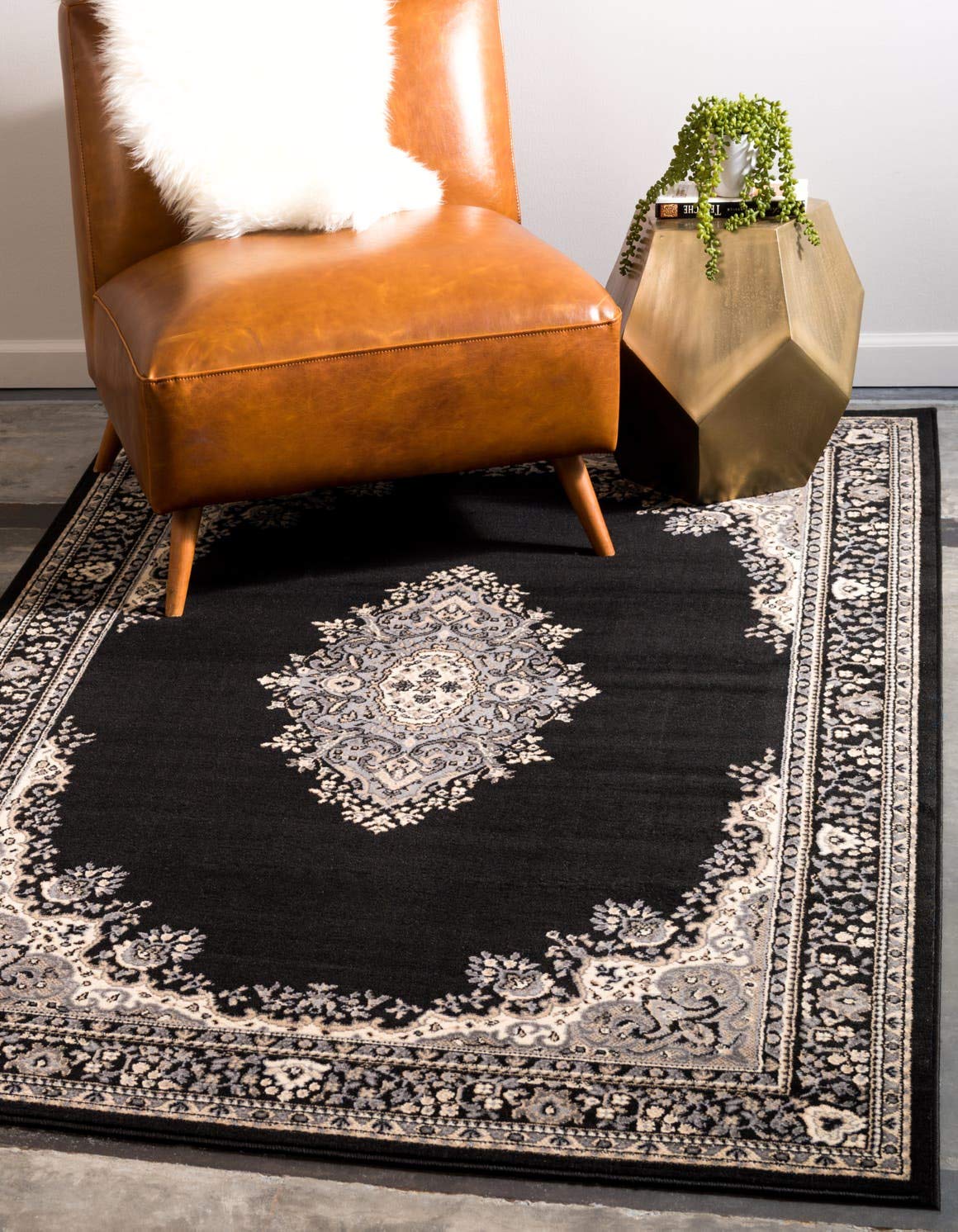 Unique Loom Reza Collection Traditional Persian Style Area Rug 7x10 Feet - Black & Beige Handmade Oriental Rug for Living Room, Bedroom & Dining Room Decor
