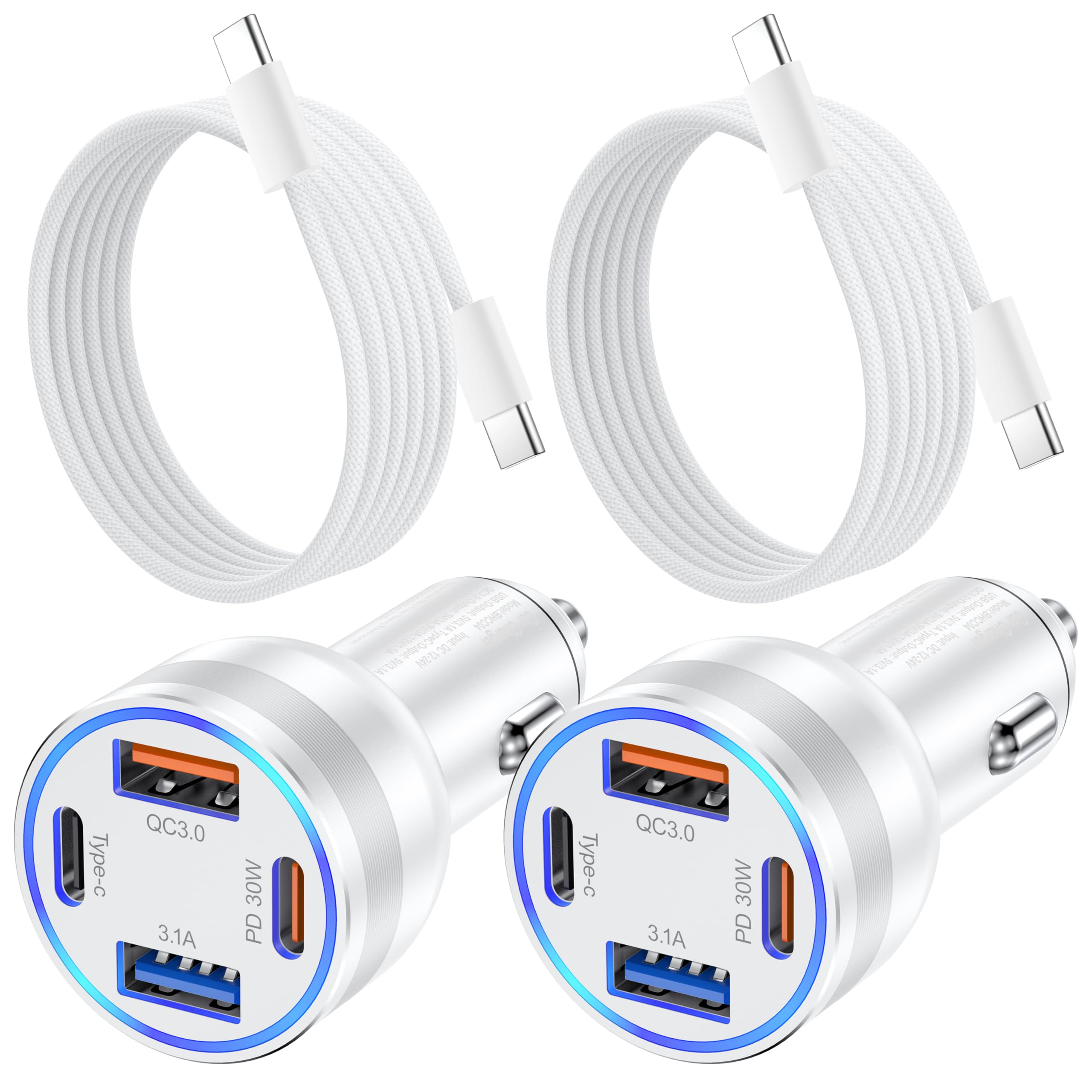 **Agtray 2-Pack 65W USB C Car Charger with 6FT Braided Cable - 4-Port Fast Charging PD30W & QC3.0 for iPhone 16/15/Pro Max/Plus - Perfect for Road Trips & Long Drives**