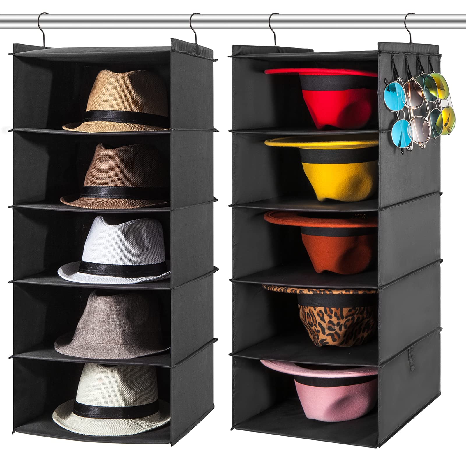 2-Pack Black Hat Rack for Closet - 10-Shelf Hanging Organizer for Fedoras, Cowboy Hats & Wide Brim Sunhats - Space-Saving Cap Storage Solution - Easy to Install (Perfect for Bedroom, Walk-in Closet & Entryway Organization)