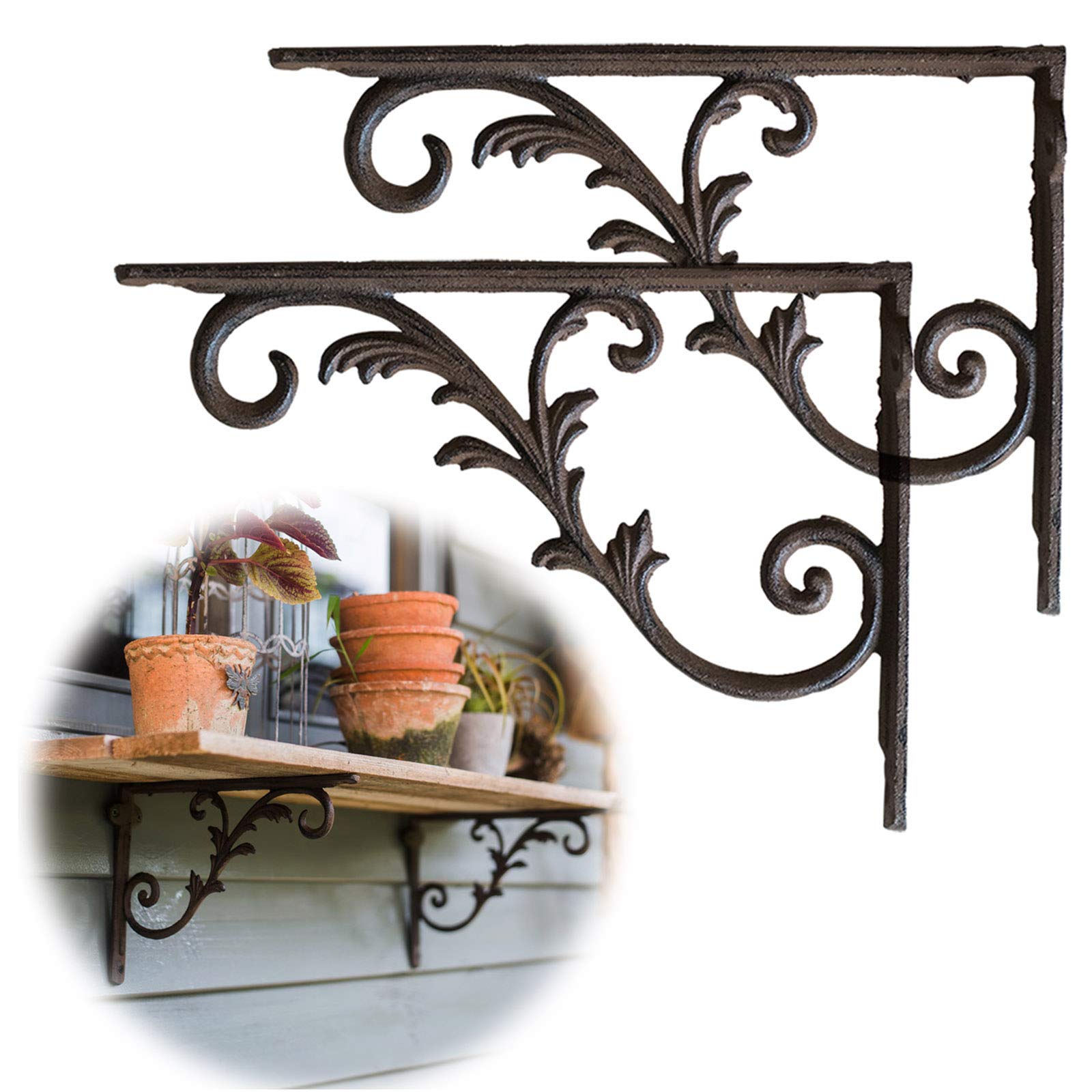 Gnova Decorative Cast Iron Wall Mounted Shelf Brackets - Floral Design for Indoor & Outdoor Use - Hanging Shelf Brackets for Plants, Books & Decor (Brown/Black, 1 Pair) - Perfect for Living Room, Garden & Balcony
