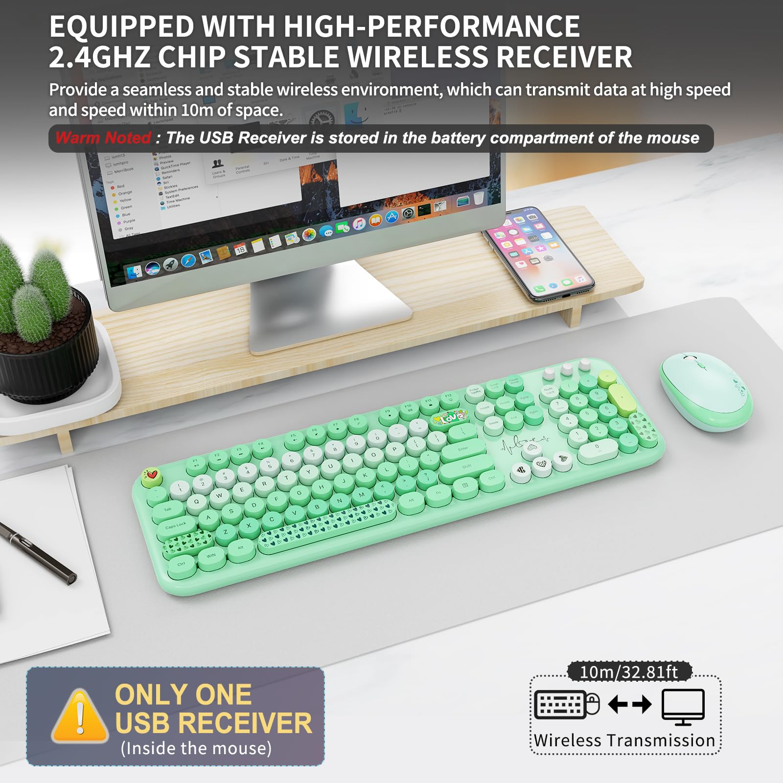 FOPETT Wireless Keyboard Mouse Combo - 2.4G Retro 104-Key for PC/Laptop - Green for Home/Office Use
