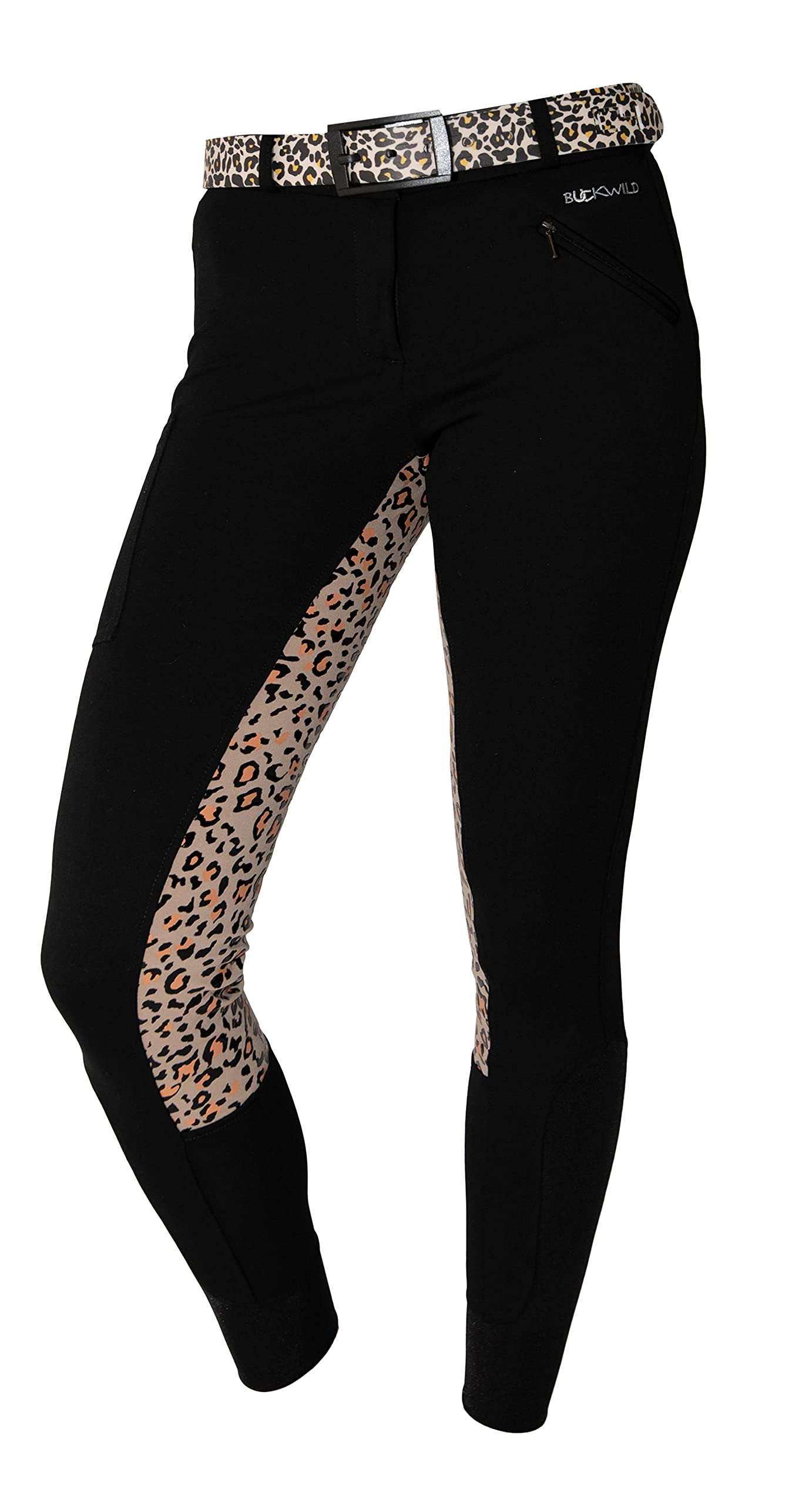 Women's Equestrian Riding Breeches - Signature Mid-Waist Horse Riding Pants with Side Phone Pocket - Breathable Black & Leopard Print Tights for Equestrian Sports, Training & Outdoor Activities (Size S, Regular)