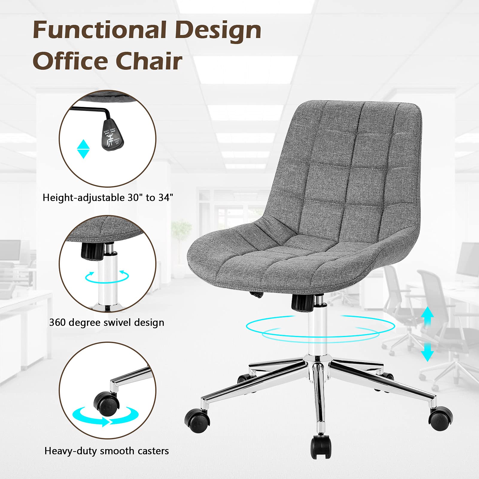 POWERSTONE Armless Office Chair - Ergonomic Mid Back Task Chair with Adjustable Height & Swivel Wheels | Perfect for Home Office, Computer Desk & Workspace