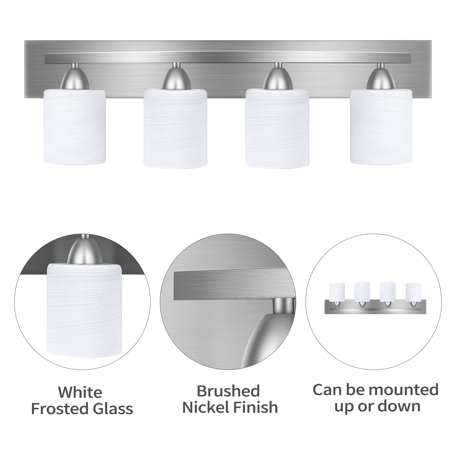 PARTPHONER 4-Light Bathroom Vanity Light Fixture Set - 5 Piece All-in-One Bathroom Accessories Including Towel Ring, Robe Hook & Toilet Paper Holder in Brushed Nickel with White Frosted Glass - Perfect for Modern Bathroom, Master Bath & Powder Room Decor