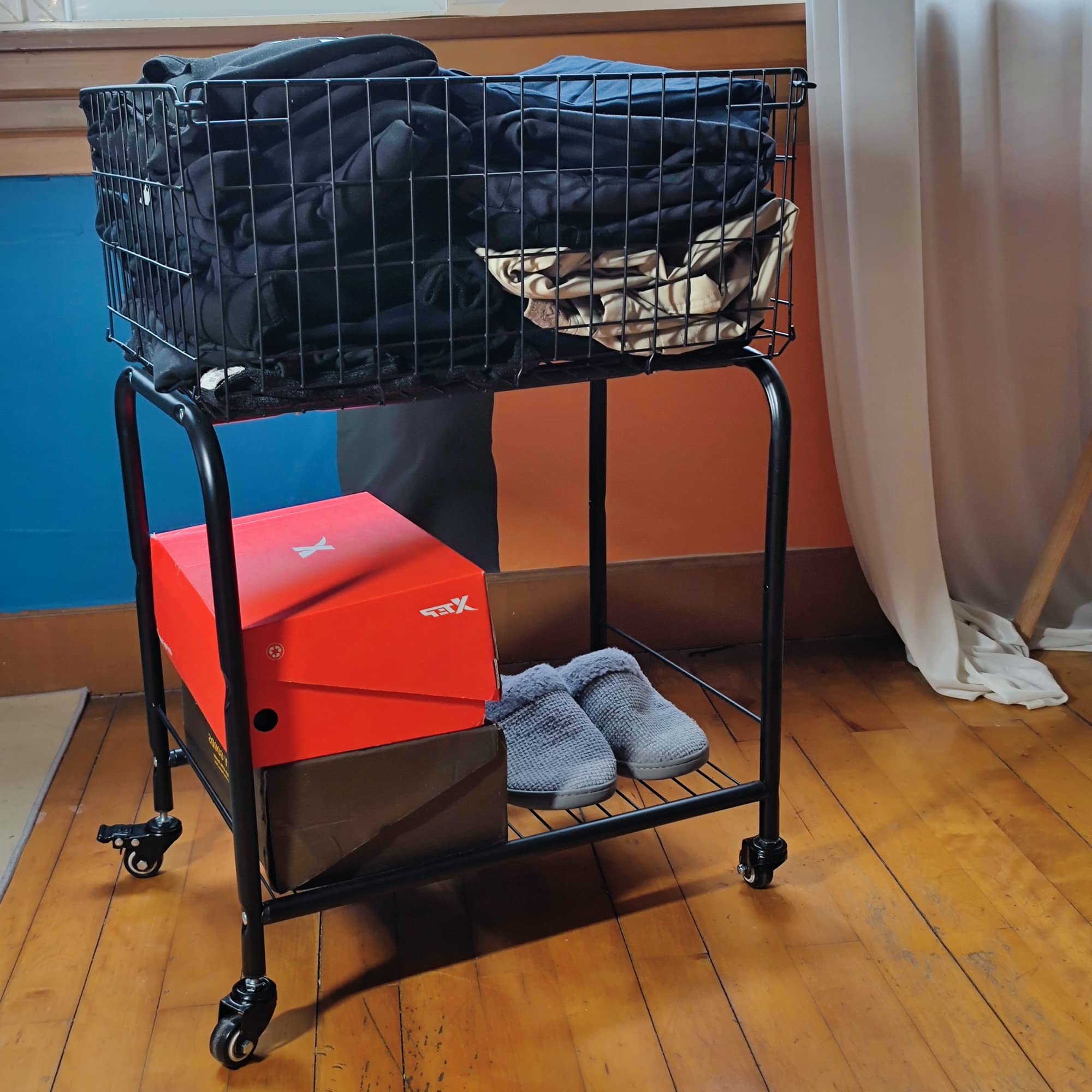 Rolling Laundry Basket on Wheels - Black Metal Garment Storage Cart with Wheels | Portable Clothes Hamper for Bedroom, Laundry Room & Dorm Organization
