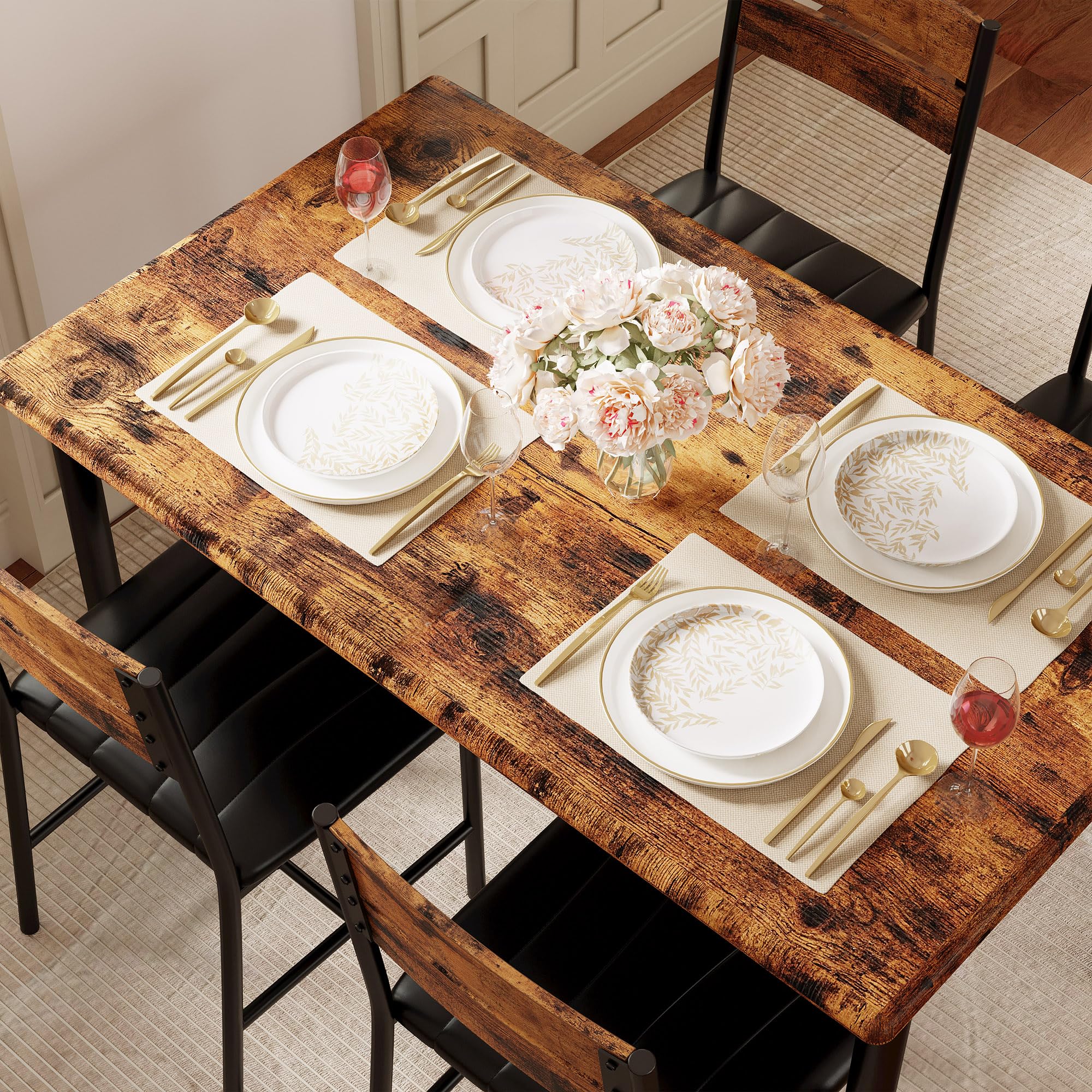 IRONCK 4-Piece Wooden Dining Table Set with Upholstered Chairs - Compact Kitchen & Dining Room Table for Small Spaces in Rustic Brown | Perfect for Apartments, Breakfast Nooks & Cozy Family Meals