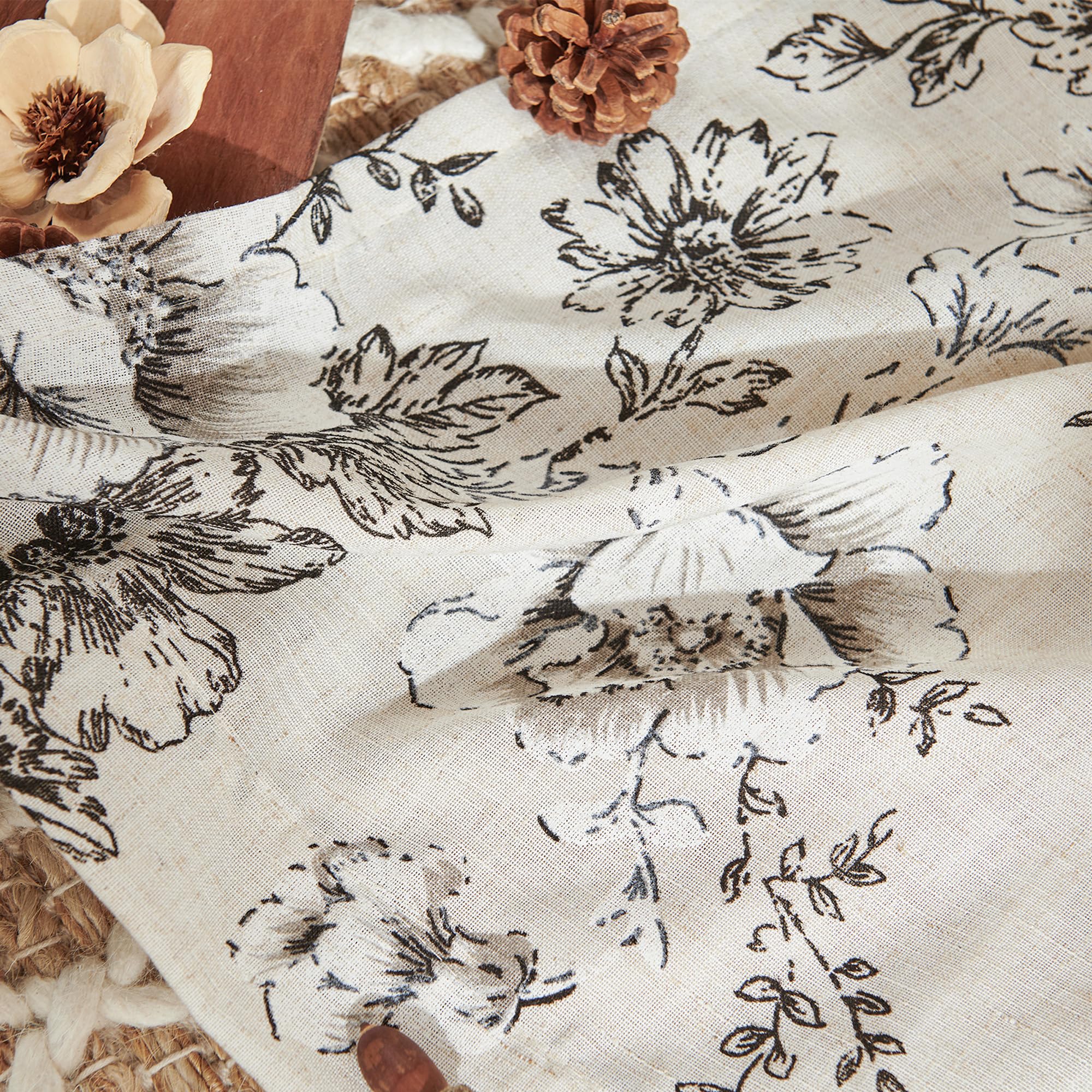 Jinchan Floral Kitchen Curtains Set - Linen Tier Curtains & Valance Farmhouse Drapes for Small Windows (36 Inch Length) - Rod Pocket 3-Piece Set in Black on Beige - Perfect for Cafe, Living Room & Bathroom Decor