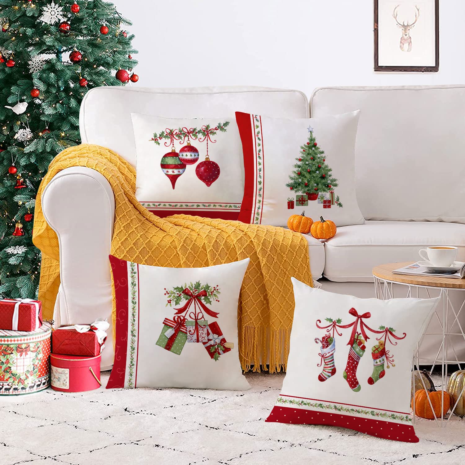 YeeJu Set of 4 Christmas Tree Velvet Pillow Covers 20x20 Inch - Holiday Decor Throw Pillow Cases for Sofa, Couch & Home Decor - Perfect for Winter Celebrations, Xmas Parties & Cozy Living Room Decorations