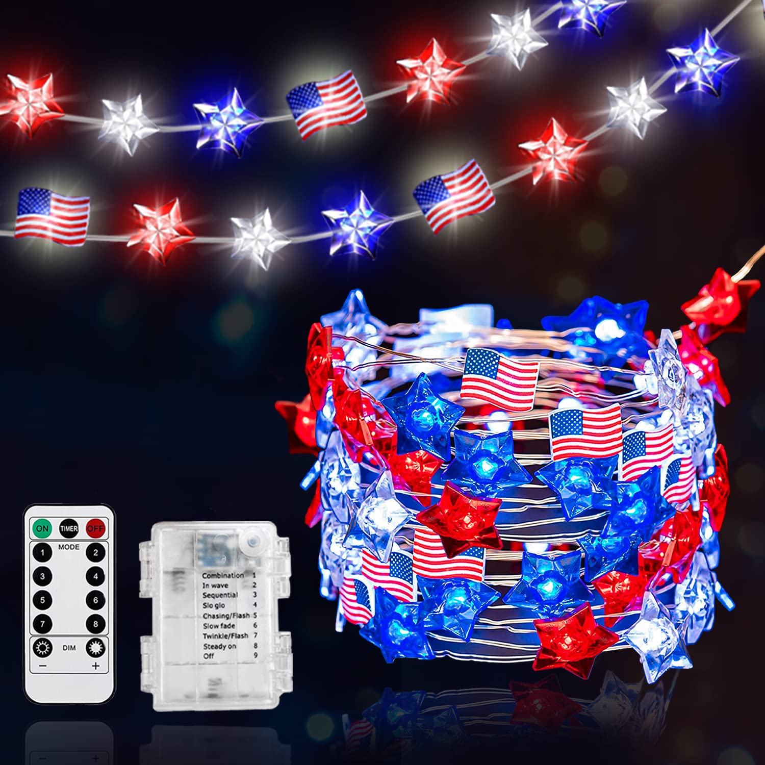 13FT 40LED Battery Operated Patriotic Lights with Remote & Timer - USA Flag Fairy String Lights for 4th of July Decorations, Independence Day, Memorial Day - Perfect for Indoor Home, Party, Backyard, and Holiday Celebrations