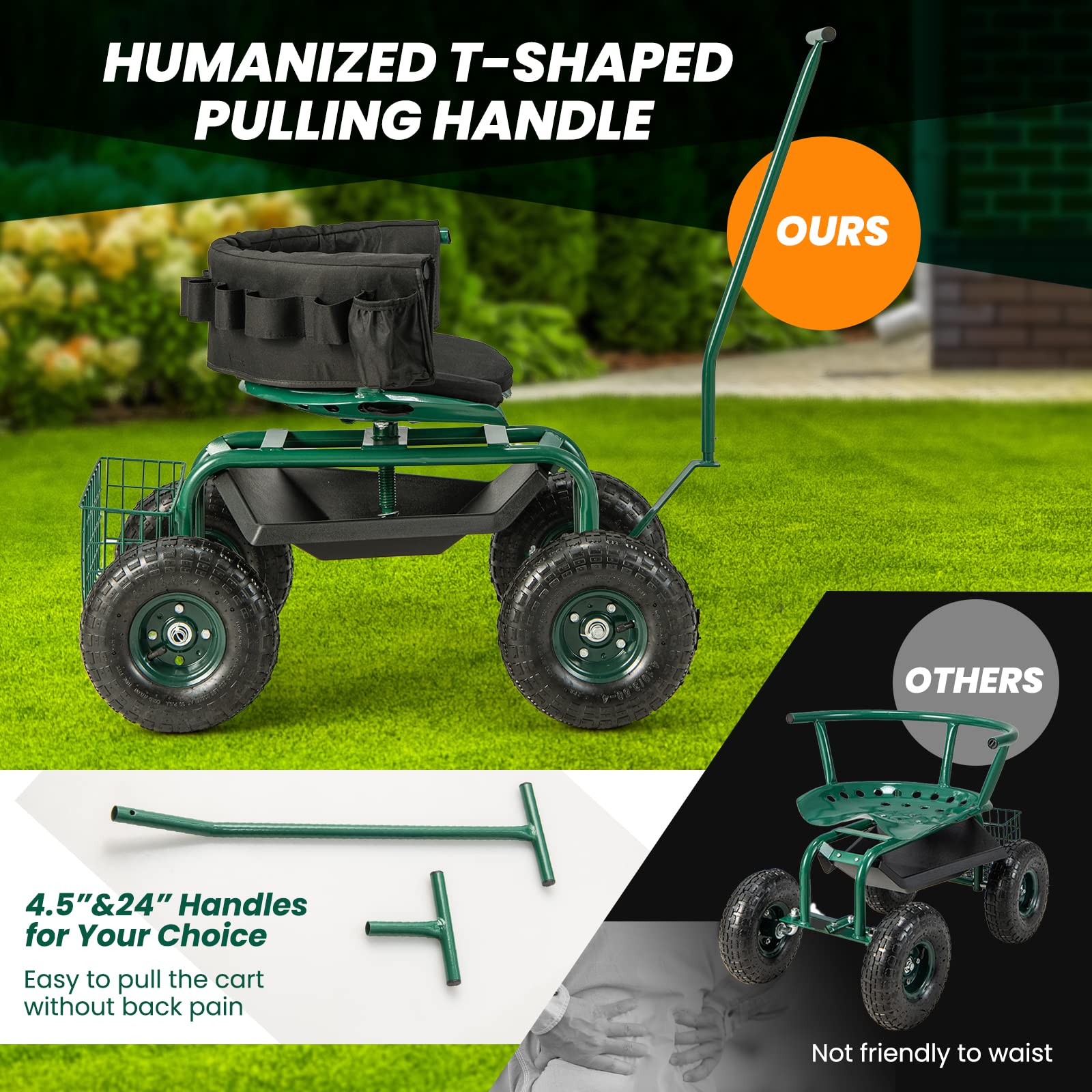 Giantex Heavy Duty Garden Cart with 4 Wheels - Adjustable Height Rolling Work Seat with Tool Tray, Removable Cushion & Storage Basket - 360° Swivel Gardening Stool for Lawn, Yard, Patio & Outdoor Work - Perfect for Planting, Weeding & Landscaping Tasks