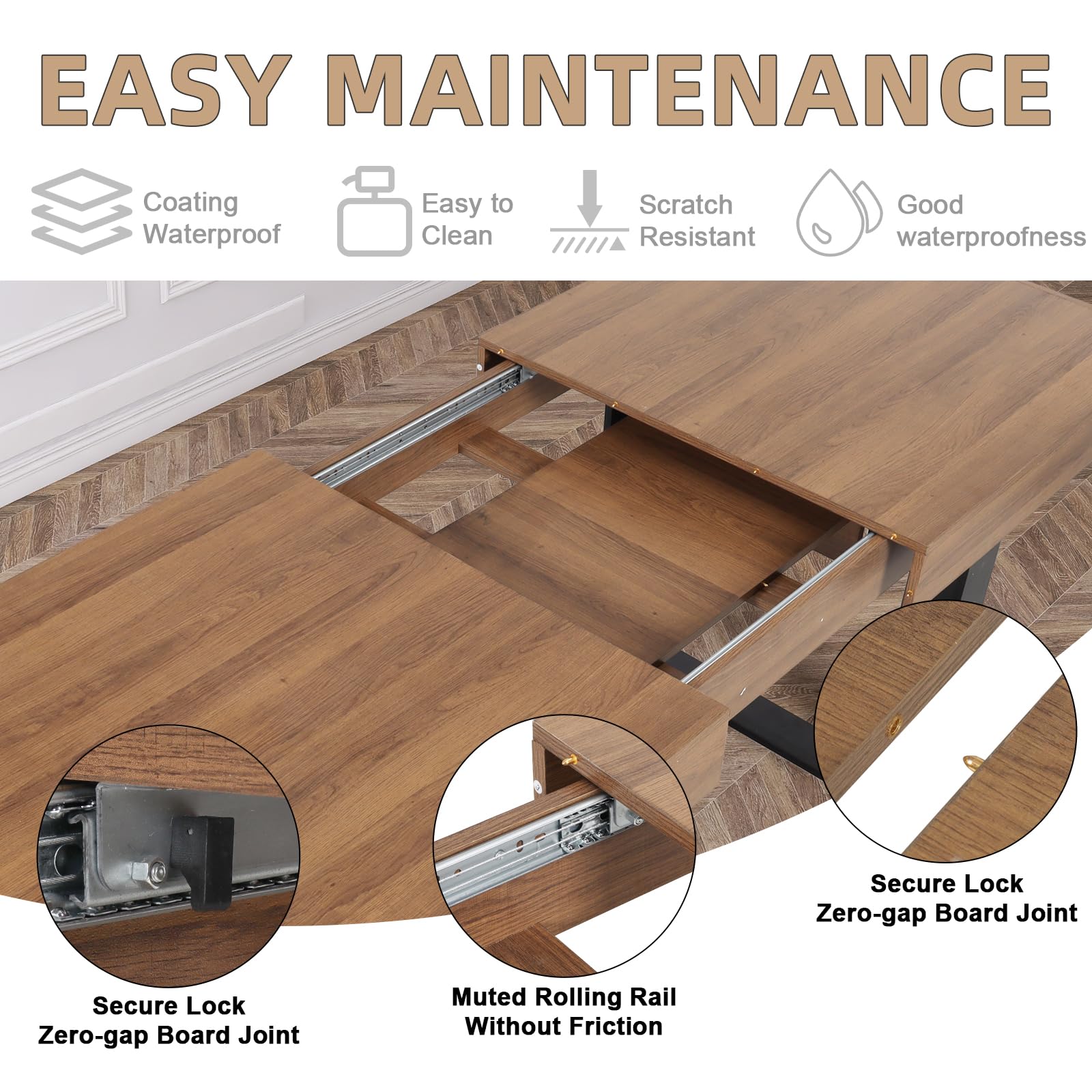 STHOUYN 63”-79” Extendable Dining Table - Solid Wood Modern Farmhouse Kitchen Table, Expandable to Seat 6-10 People, Large Conference & Family Dining Table in Walnut Brown - Perfect for Dinner Parties, Home Offices & Small Business Meetings