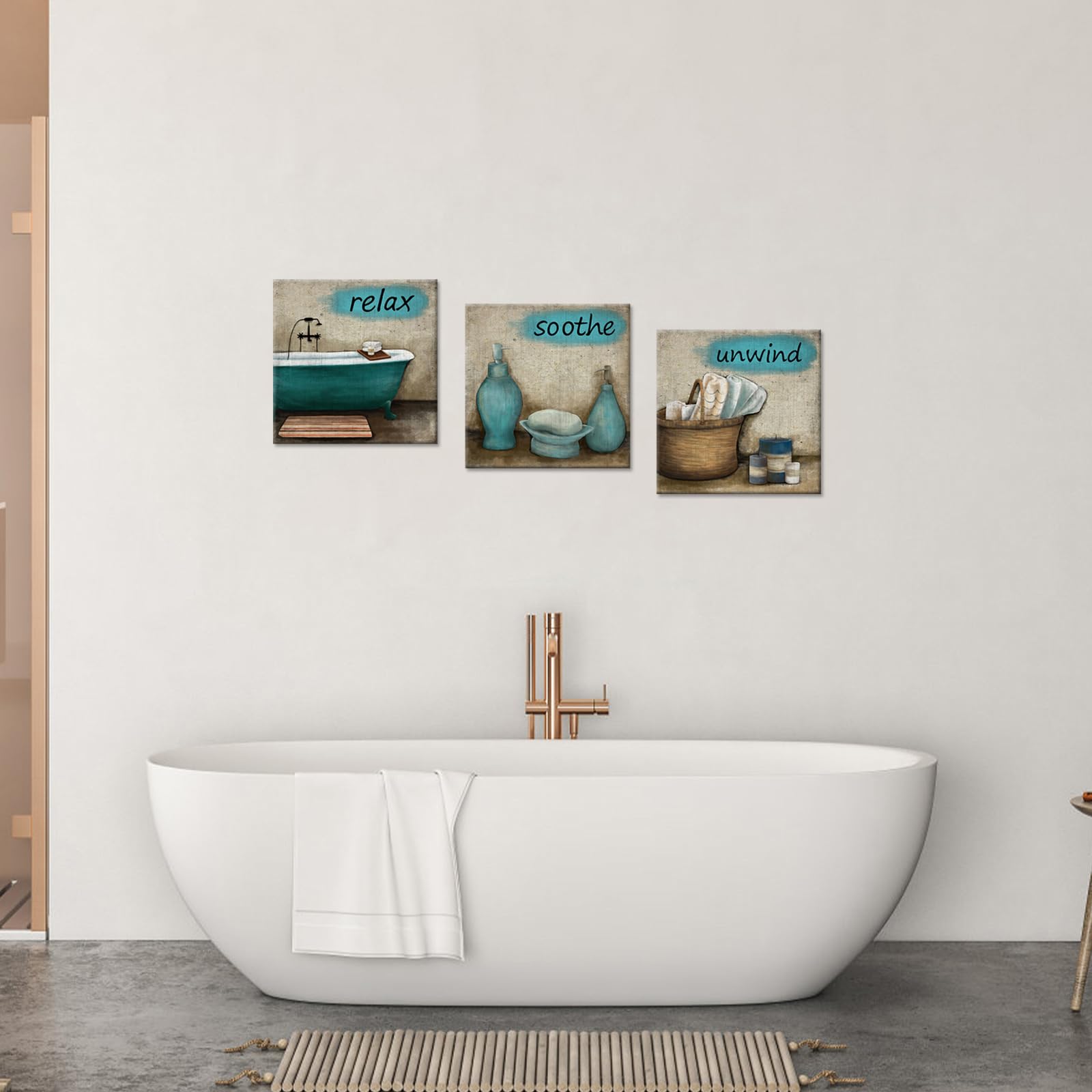 iHAPPYWALL 3-Piece Bathroom Wall Art Set - Teal Bathtub Canvas Prints, Framed & Ready to Hang | Spa Decor for Relaxation, Bath Towel Storage & Modern Bathroom Decor