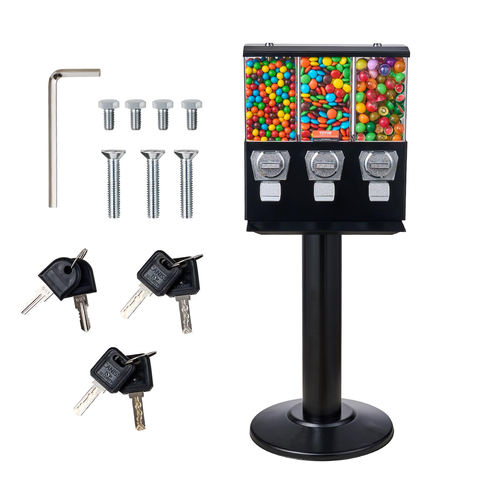 VEVOR Commercial Triple Compartment Candy Vending Machine with Iron Stand - Coin Operated Gumball & Nut Dispenser for Business (Black) | Perfect for Retail Stores, Arcades, and Office Break Rooms