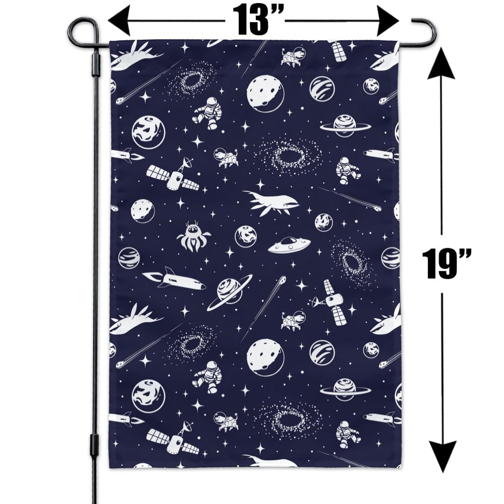 Vibrant Space Themed Garden Flag with Stars, Planets, Aliens, Astronauts & Spaceships - Perfect for Outdoor Decor, Yard Art & Sci-Fi Enthusiasts