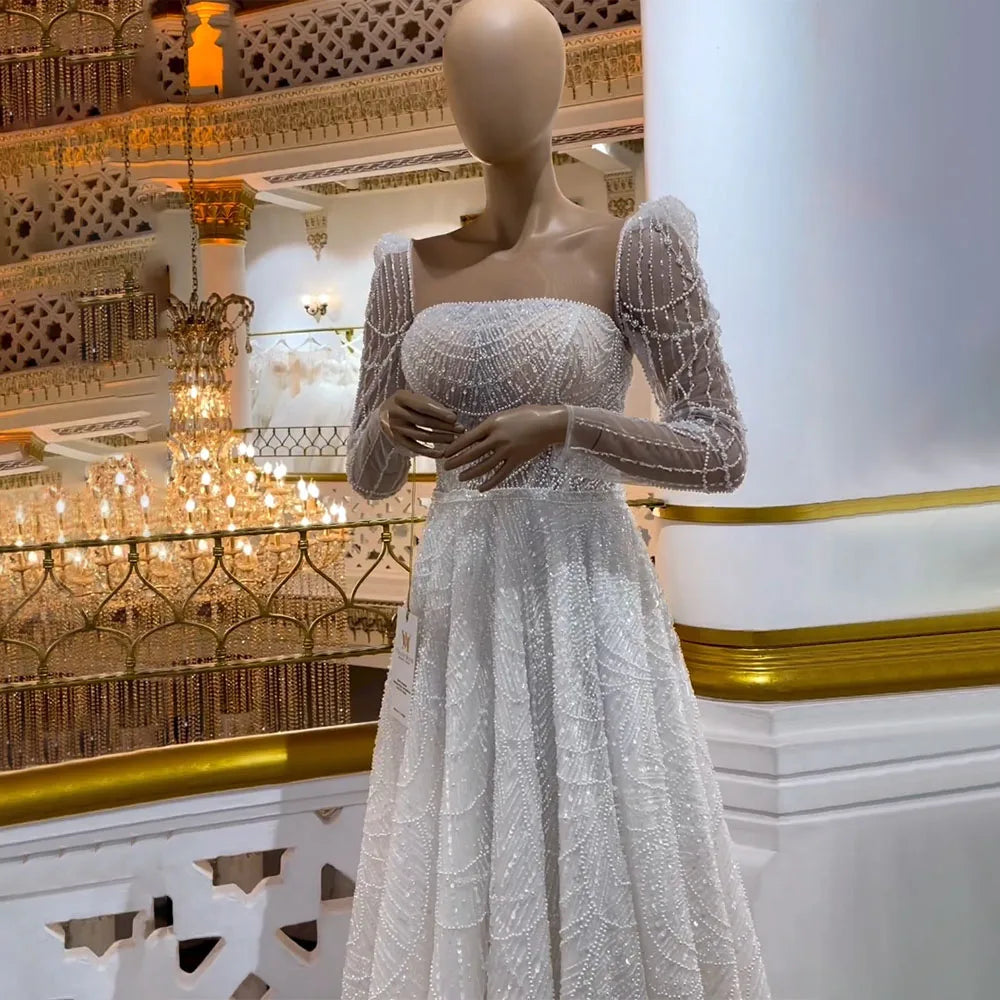 Elegant Dubai White A-Line Luxury Evening Dress with Pearl Beading - Long Sleeve Women's Gown for Weddings, Parties & Special Occasions | Perfect for Bridal Showers, Galas & Formal Events