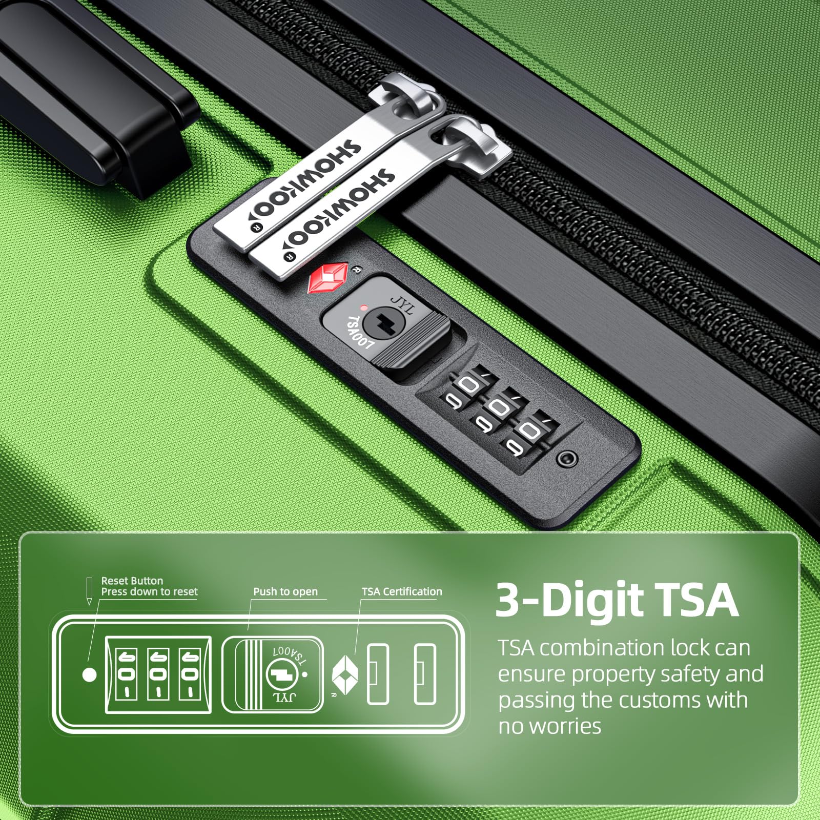 SHOWKOO Expandable 3-Piece Luggage Set - Durable PC+ABS Suitcase with Double Spinner Wheels & TSA Lock (Green) - Perfect for International Travel, Family Vacations & Business Trips