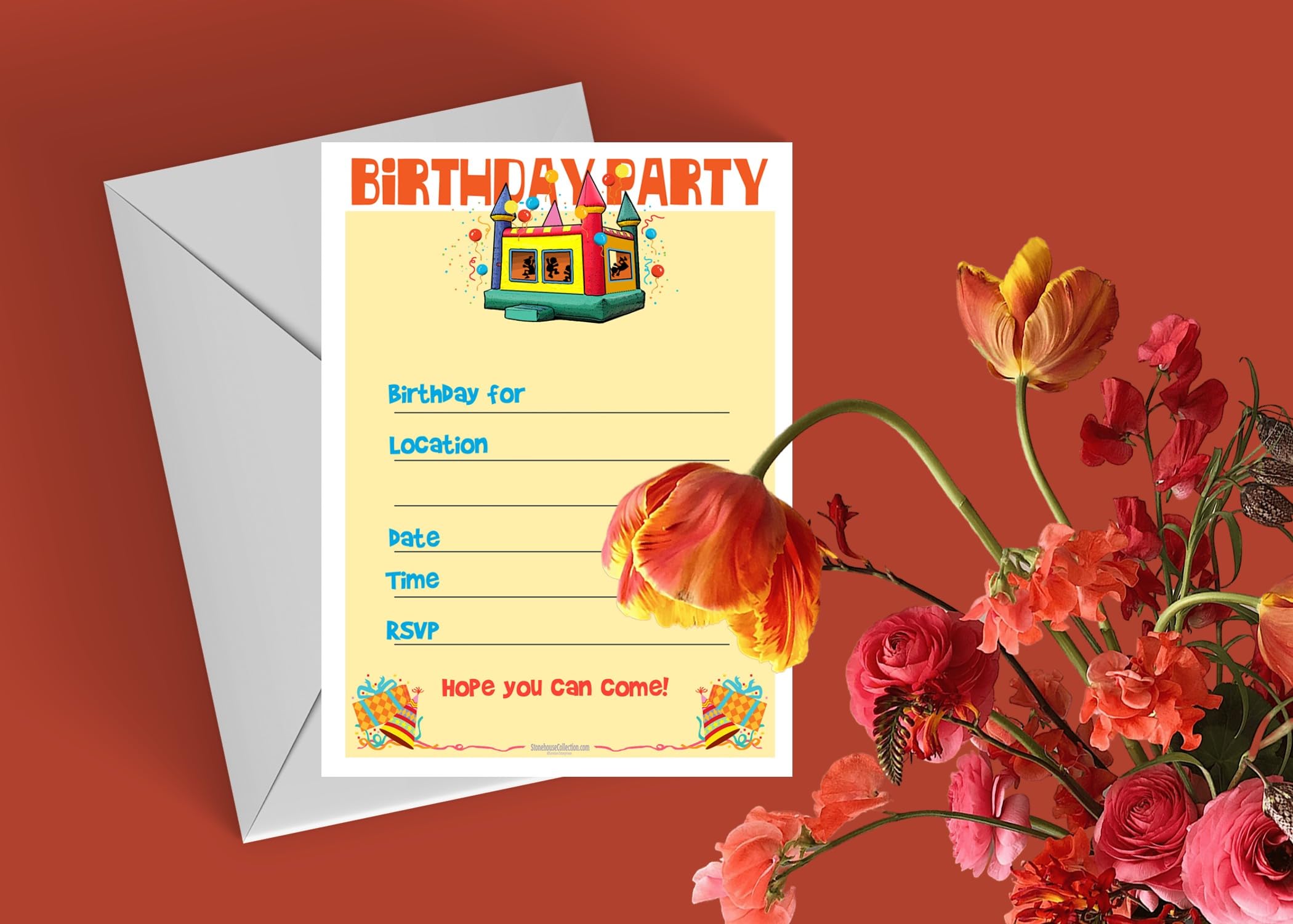 Stonehouse Collection - Bounce House Birthday Party Invitations Set of 25 with Envelopes | Fun Kids Birthday Party Supplies for Bounce House Theme Celebrations