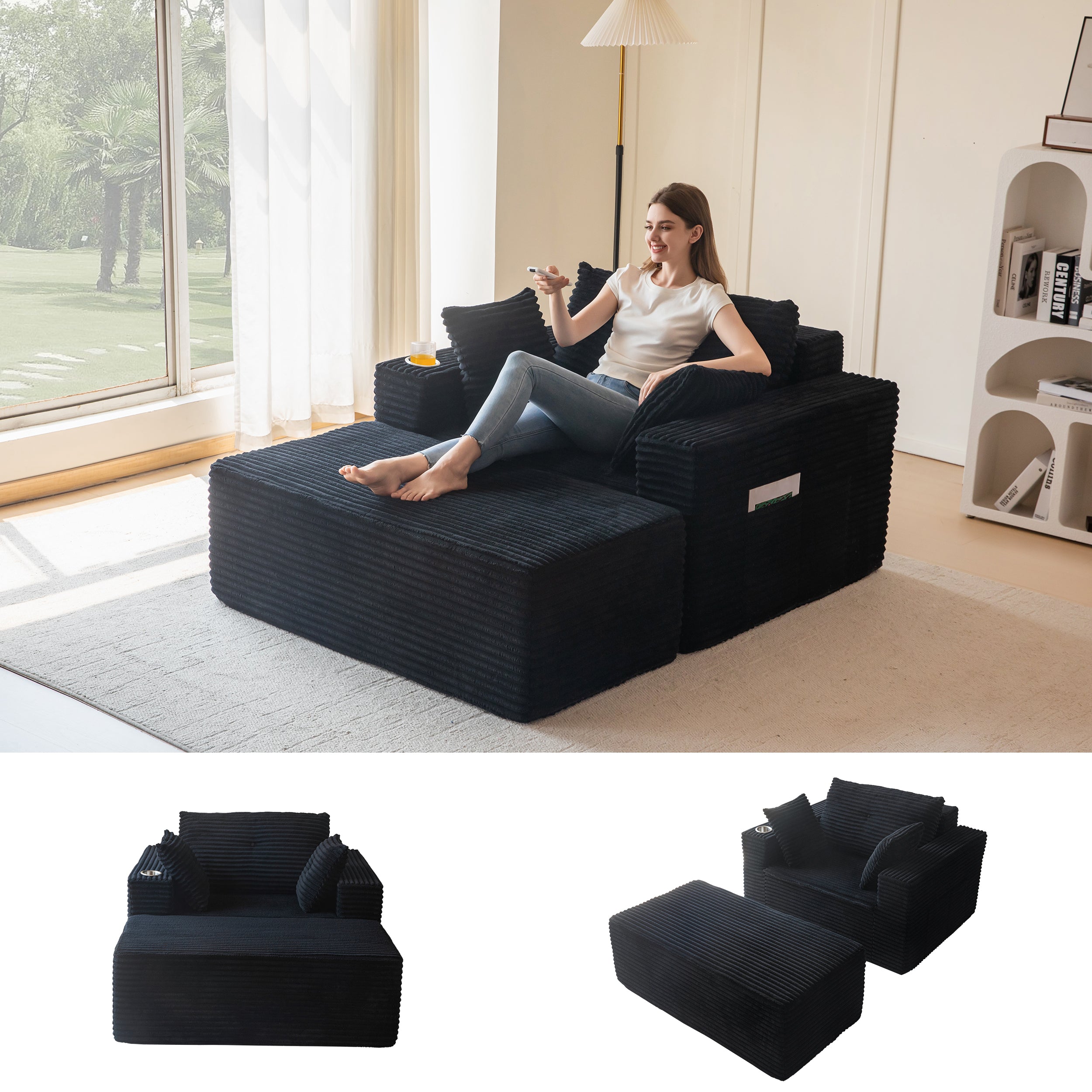MAXYOYO Oversized Chaise Lounge Sofa - Modern Upholstered Lounge Chair with 3 Pillows & Ottoman | Deep Seat Boneless Sofa Couch for Living Room, Bedroom & Office | No Assembly Required (Black) | Perfect for Relaxing, Reading & Napping
