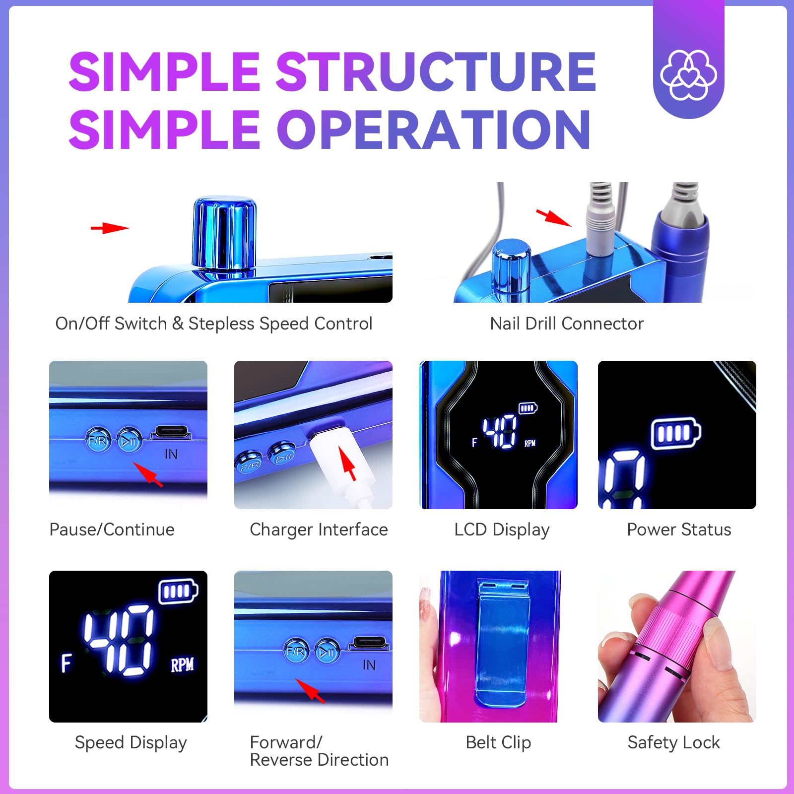 SAVILAND Professional Nail Drill Machine 40000RPM - Portable Electric Nail File for Acrylic Nails Removal, Manicure & Pedicure | Long Battery Life, Perfect for Home Nail Salon & DIY Nail Art | Fast, Safe & Easy to Use for Beginners & Professionals