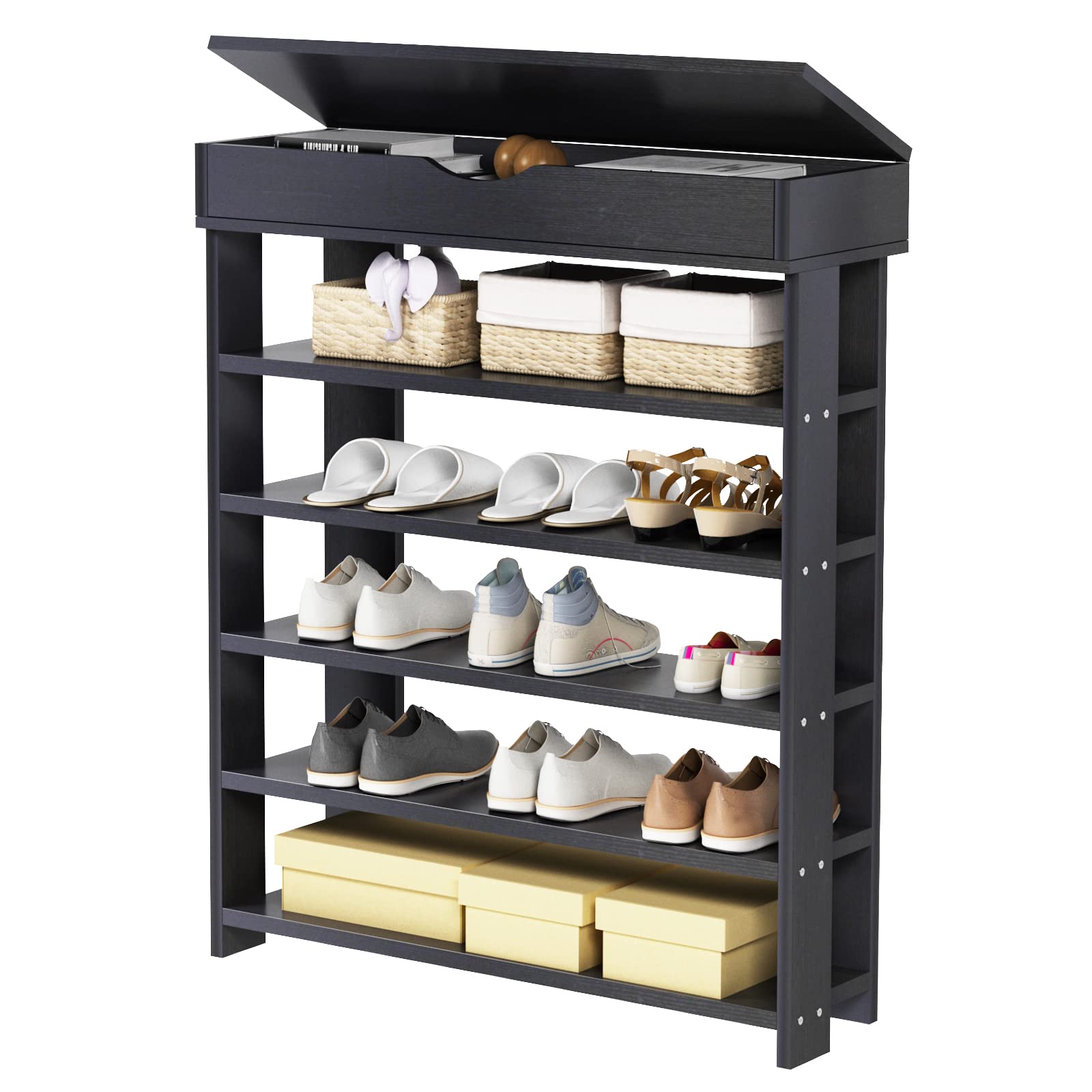 DlandHome 5-Tier Wooden Shoe Rack Storage Cabinet - Organizer for Shoes, Heels & Sneakers - Entryway, Hallway, Closet or Living Room Storage Solution - Perfect for Small Spaces & Home Organization (Black)
