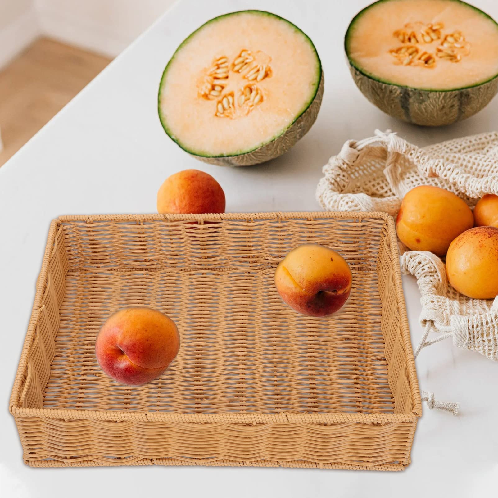 Tomaibaby Rattan Serving Tray - Rectangular Woven Wicker Basket for Fruits, Bread & Vegetables | Kitchen Countertop Organizer & Picnic Serving Dish | Perfect for Home Decor, Dining Table Centerpiece & Outdoor Gatherings
