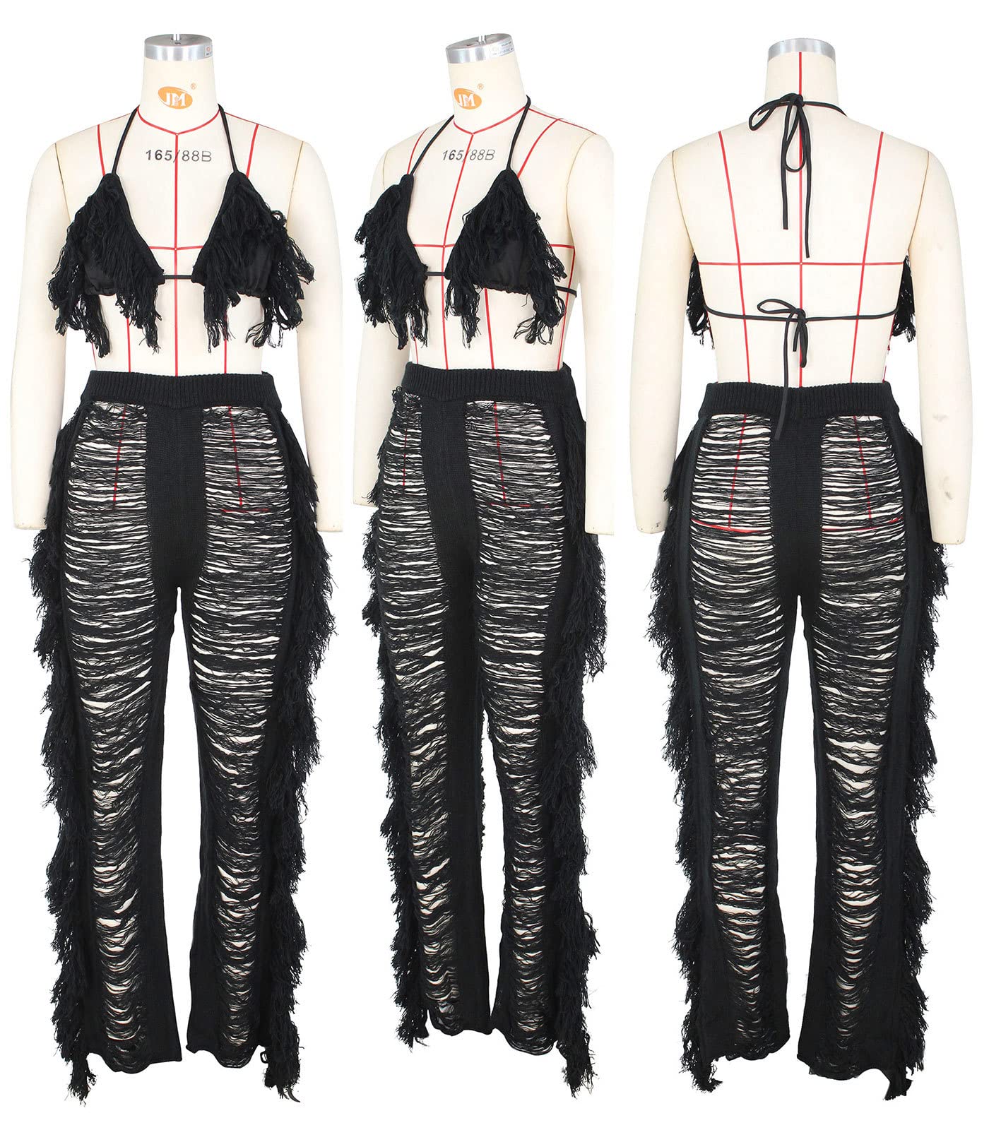 KANSOON Women's 2-Piece Crochet Cover Up Set - Knit Halter Top & Pants with Tassels for Swimwear | Black Beach Outfit for Pool Party, Vacation & Summer Fashion