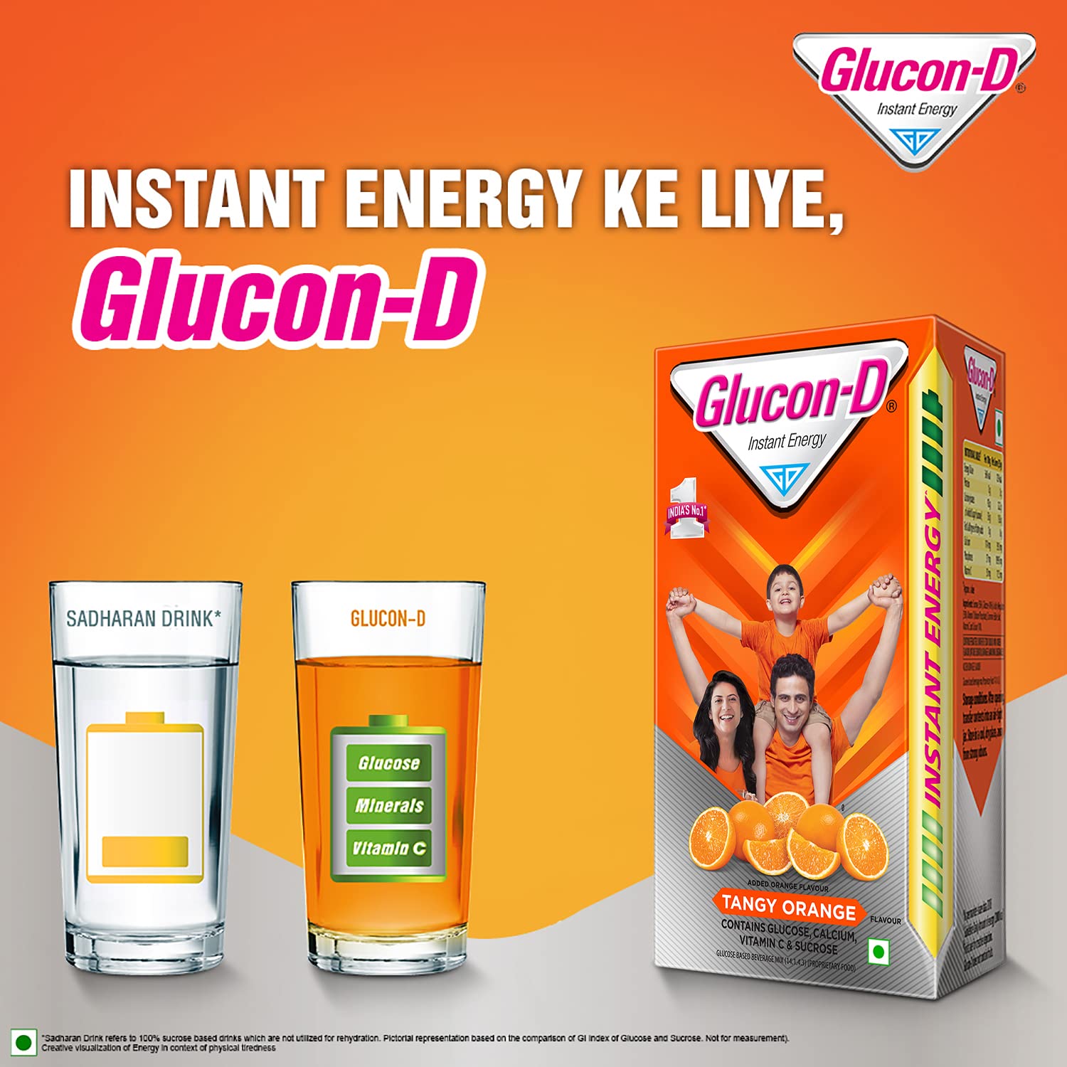 Glucon-D Tangy Orange Glucose Powder (1kg Refill) - Tasty Orange Flavored Instant Energy Drink with Vitamin C & Calcium | Boosts Immunity & Bone Health | Perfect for Sports, Workouts & Daily Energy Boost