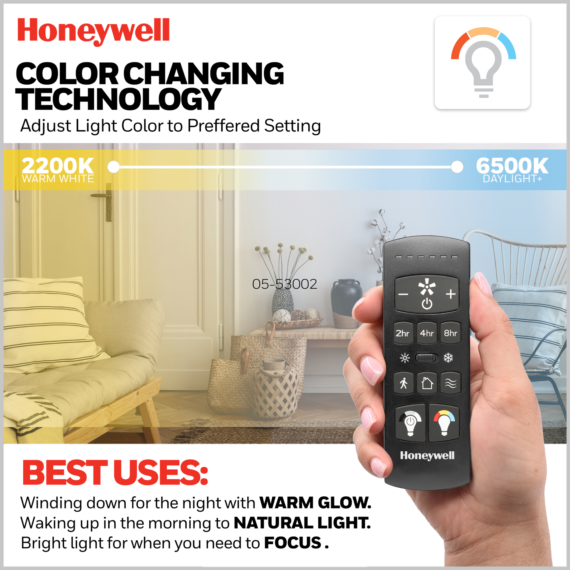 62 Inch Honeywell Kildee Matte Black Smart Ceiling Fan with Color Changing LED Light, Remote Control - Perfect for Living Room, Bedroom & Outdoor Patio