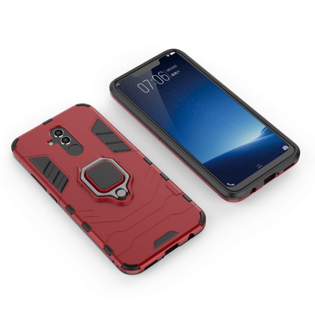 Shockproof Rugged Dual Layer Case for Huawei Mate 20 Lite with Metal Ring Grip & Kickstand - Compatible with Magnetic Car Mount - Durable Hard Bumper Shell (Red) - Perfect for Outdoor Activities, Travel & Daily Protection