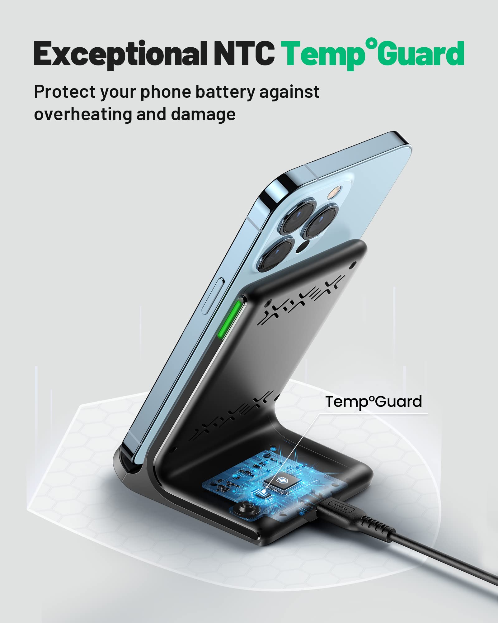 INIU 15W Qi-Certified Fast Wireless Charging Stand [2-Pack] - Sleep-Friendly Adaptive Light, Compatible with iPhone 16/15/14/13/12 Pro Max/Plus & Samsung Galaxy S22/S21/Note 20 - Perfect for Bedside, Office & Car Charging
