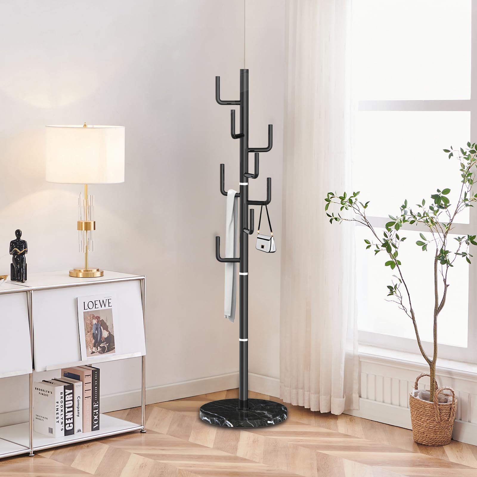 Stylish Metal Modern Coat Racks - Freestanding Cactus Design with Natural Marble Base, 8 Hooks for Hats, Bags & Jackets - Perfect for Entryway, Office & Home Organization