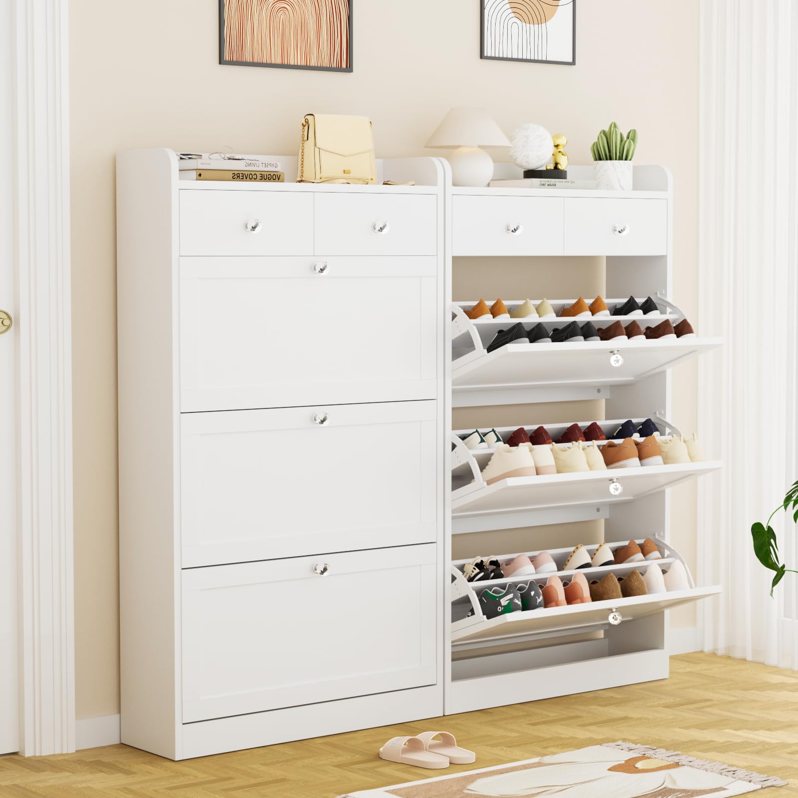 VOWNER 3-Tier Shoe Storage Cabinet with Flip Drawers & Adjustable Shelves - Freestanding Entryway Organizer for Shoes, Boots & Accessories - Perfect for Hallway, Living Room & Closet Organization (White)