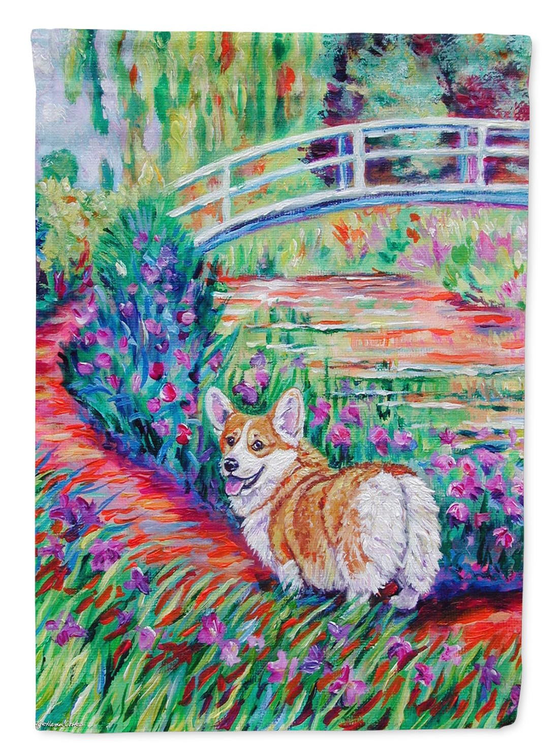Caroline's Treasures 7298GF Corgi Footbridge Garden Flag - Colorful Outdoor Decorative Yard Banner for Mailbox, Patio, Flower Beds & Garden Decor | Perfect for Seasonal Display, Home Landscaping & Cute Dog Lover Gifts